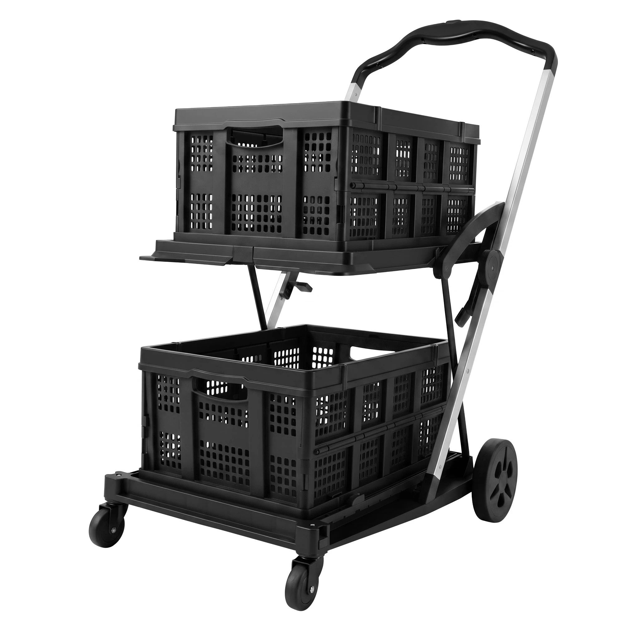 1 Artiss Shopping Trolley with Wheel 2 Layer w/2 Crates Foldable Trolley Cart for Grocery 90kg Weight Capacity - Multi, 1 of 10