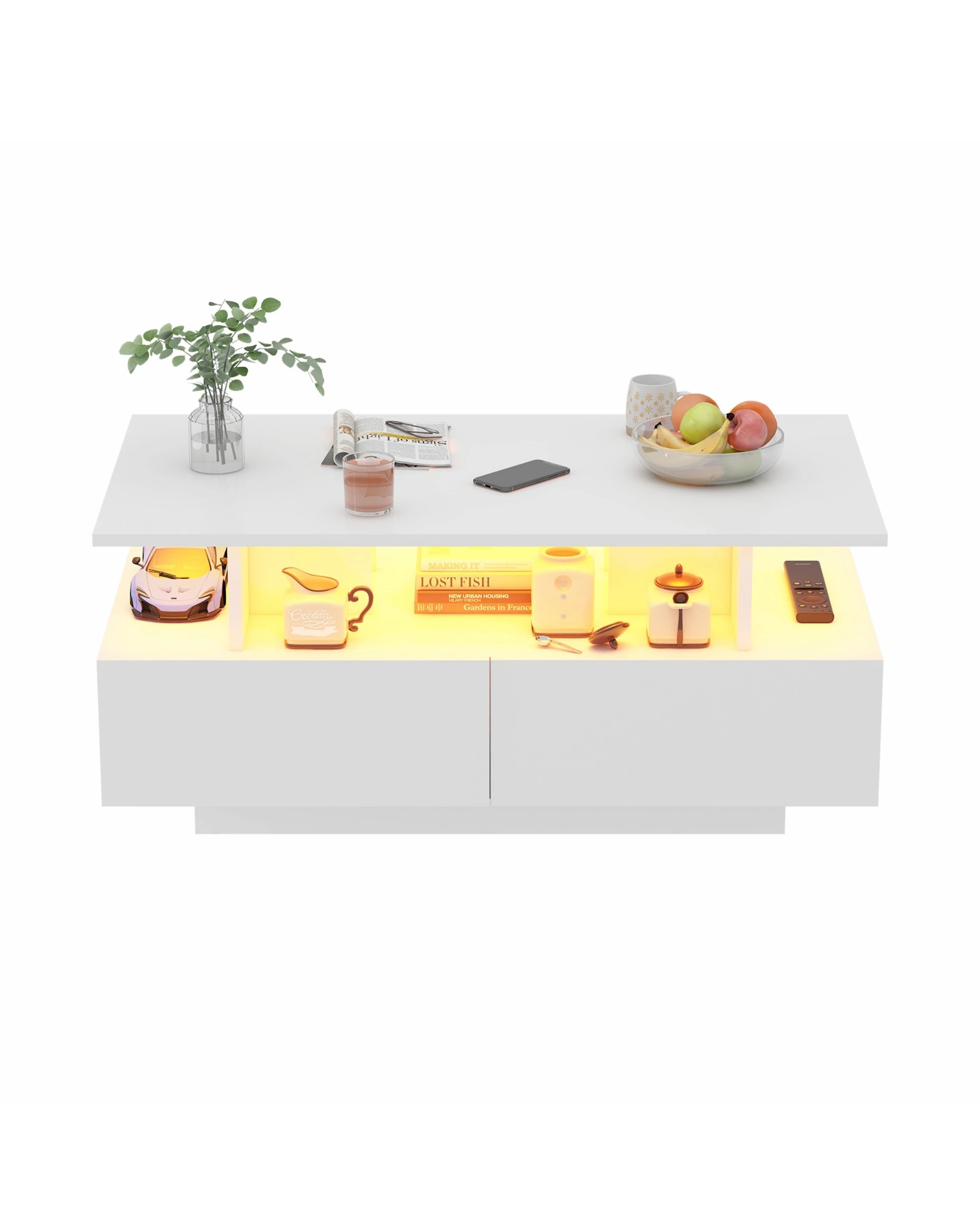 5 Advwin LED Coffee Table w/ 4 Storage Drawers High Gloss Central Table w/ Open Display Shelf, 5 of 8