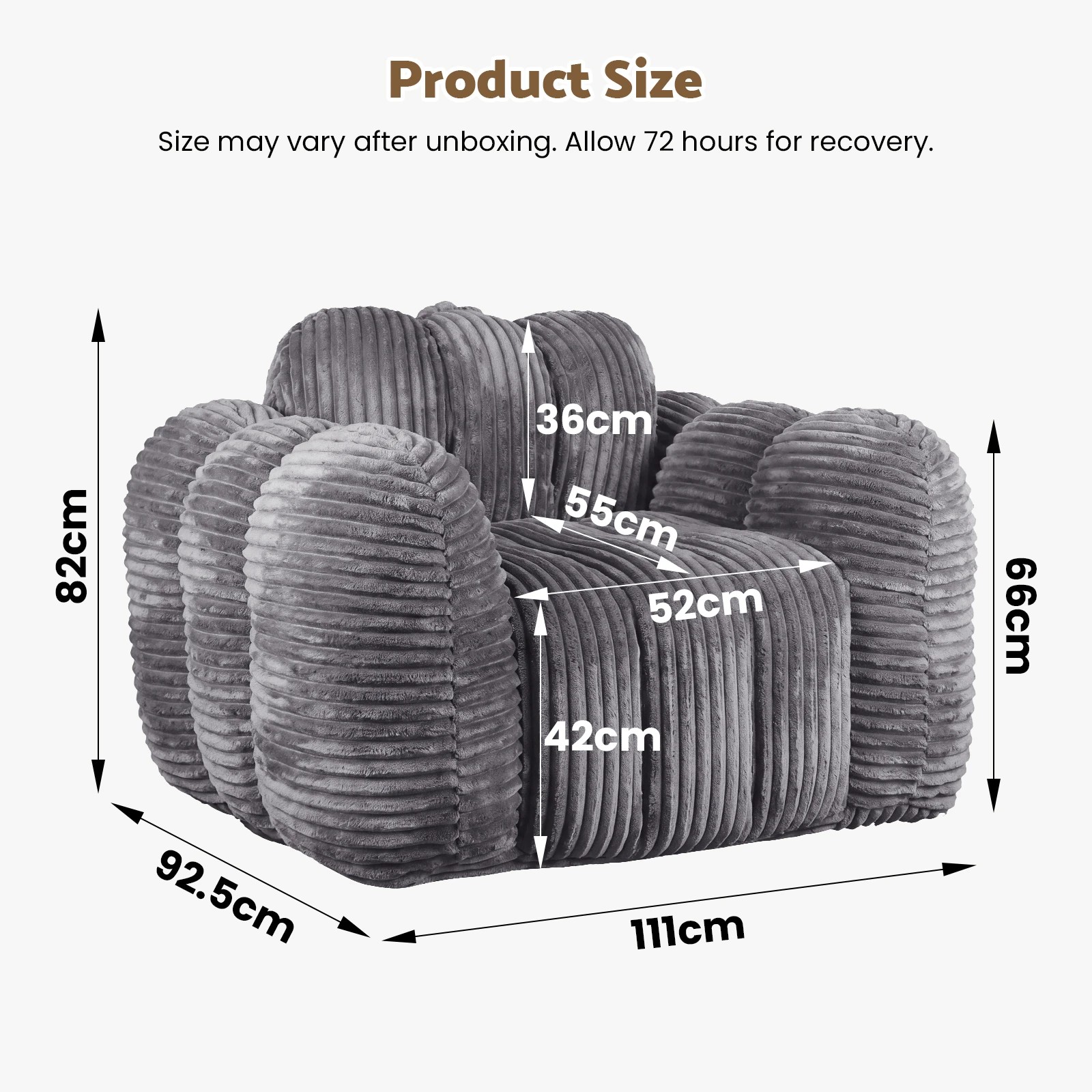 2 Advwin Bean Bag Chair Sofa w/ Armrests & Handle Cloud Shaped Corduroy Lazy Floor Sofa - Grey, 2 of 7