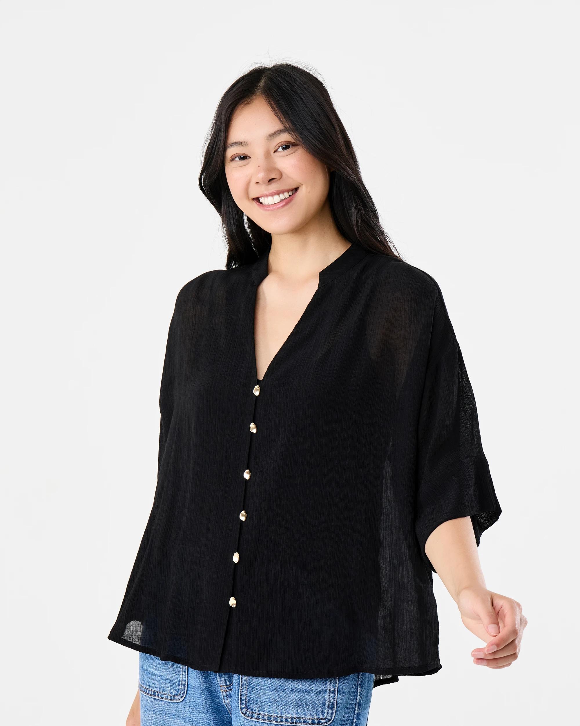 1 Short Sleeve Dolman Button Detail Shirt Black, 1 of 6