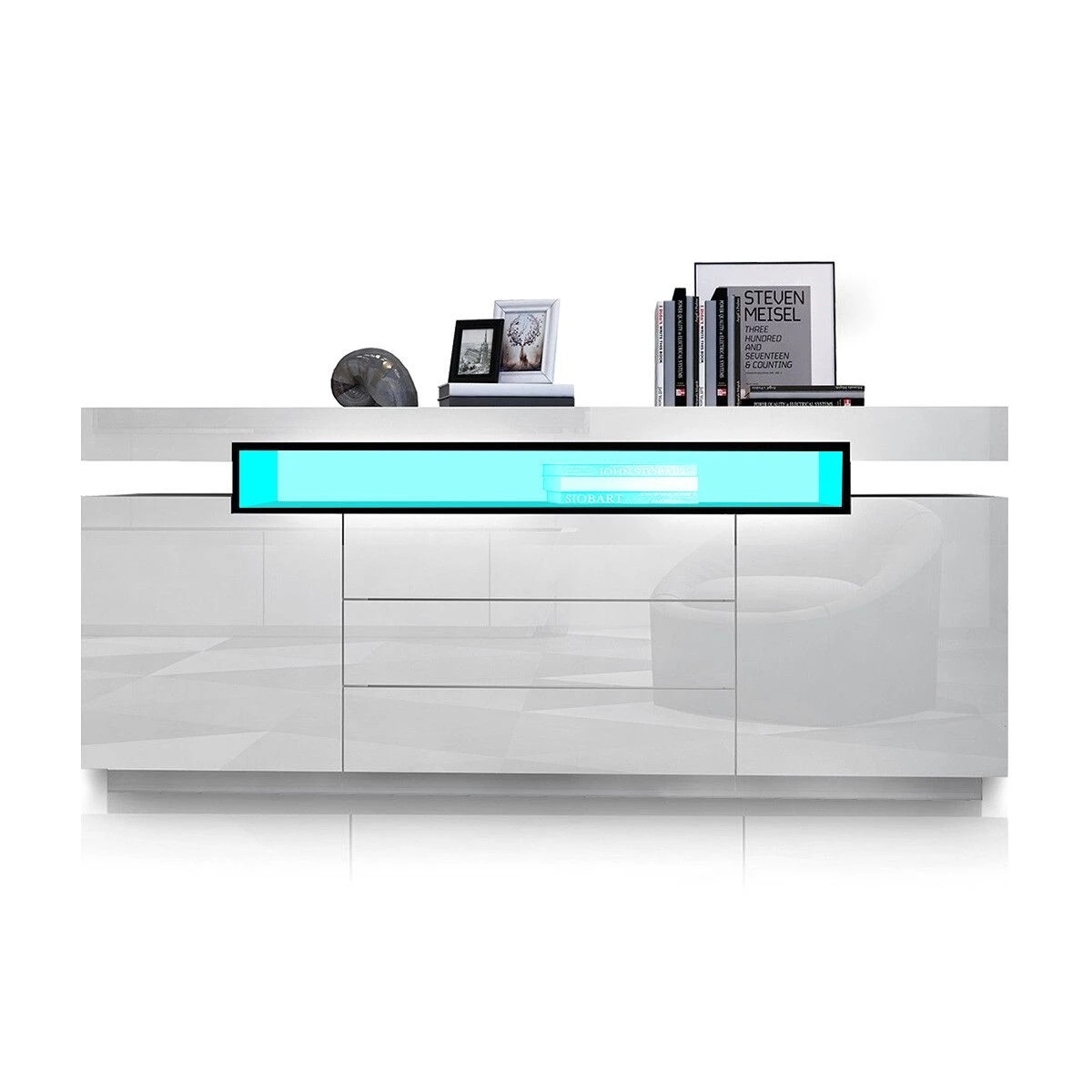 7 Ausway LED Sideboard TV Stand Cabinet Entertainment Unit Buffet Table High Gloss 3 Drawers, 7 of 8