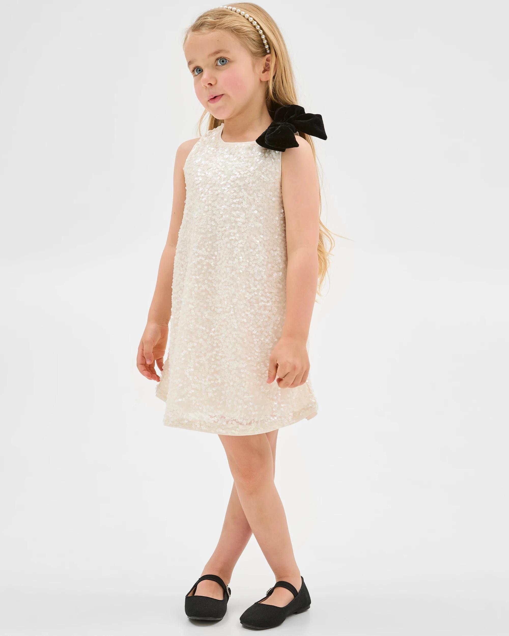 1 Target Kids Sequin Velour Bow Occasion Dress CREAM, 1 of 10