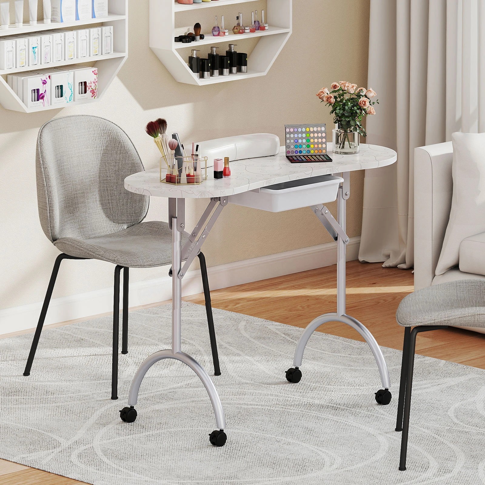 3 Costway Foldable Manicure Table w/Wheels Professional Nail Technician Desk - White, 3 of 5