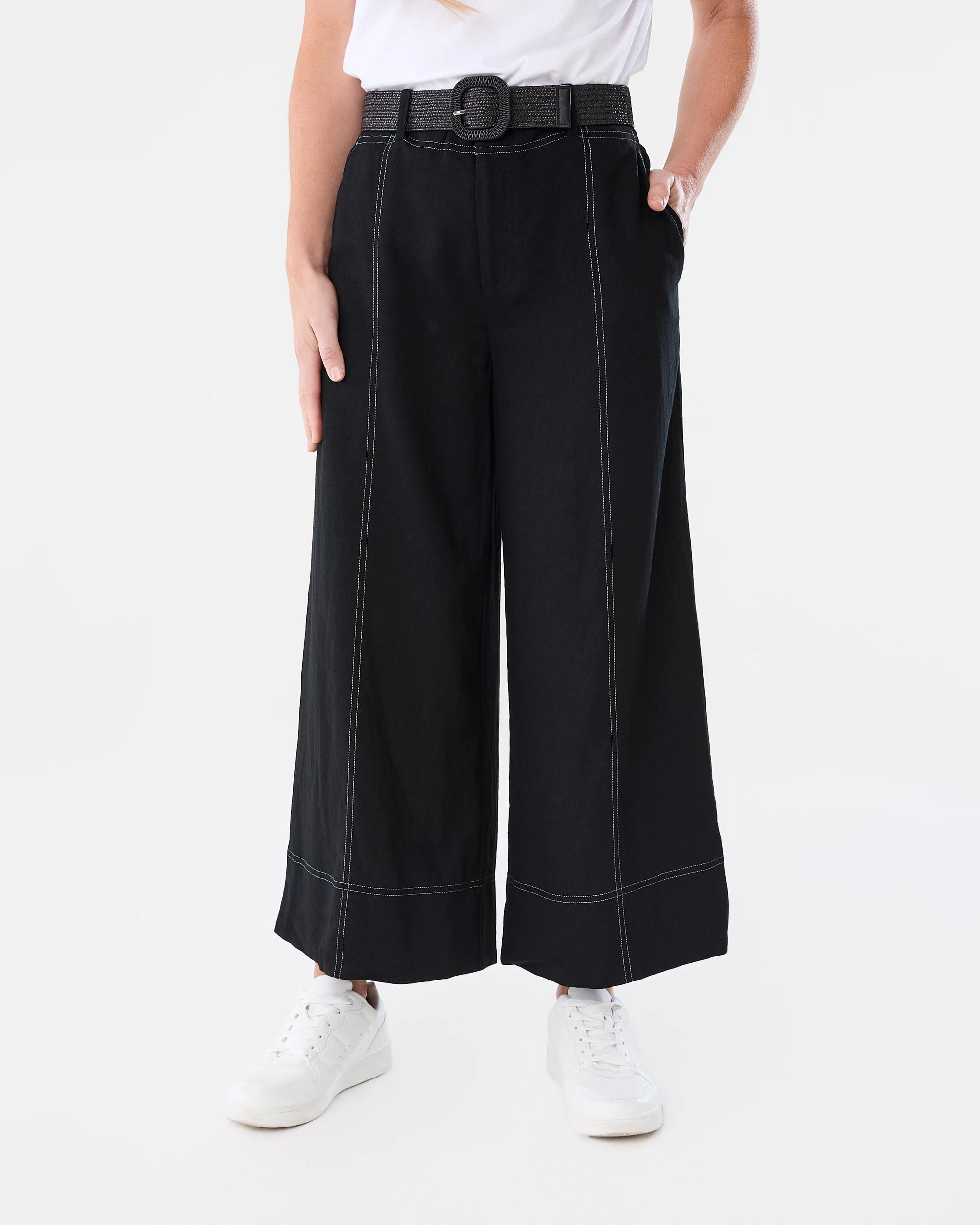1 Belted Linen Blend Pants Black, 1 of 7
