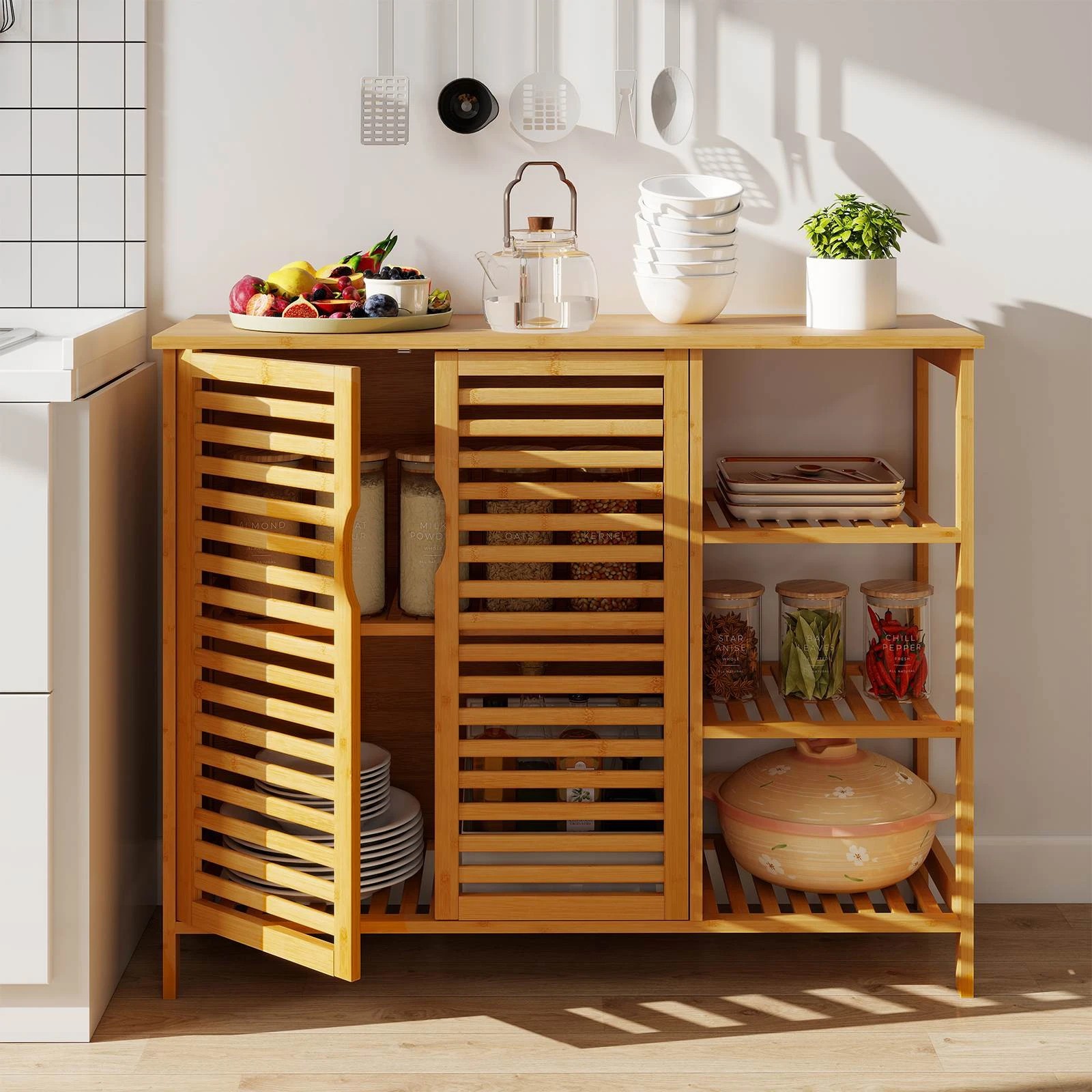 4 Costway Bamboo Bathroom Cabinet w/4-Tier Storage Shelves Freestanding Storage Unit, 4 of 4