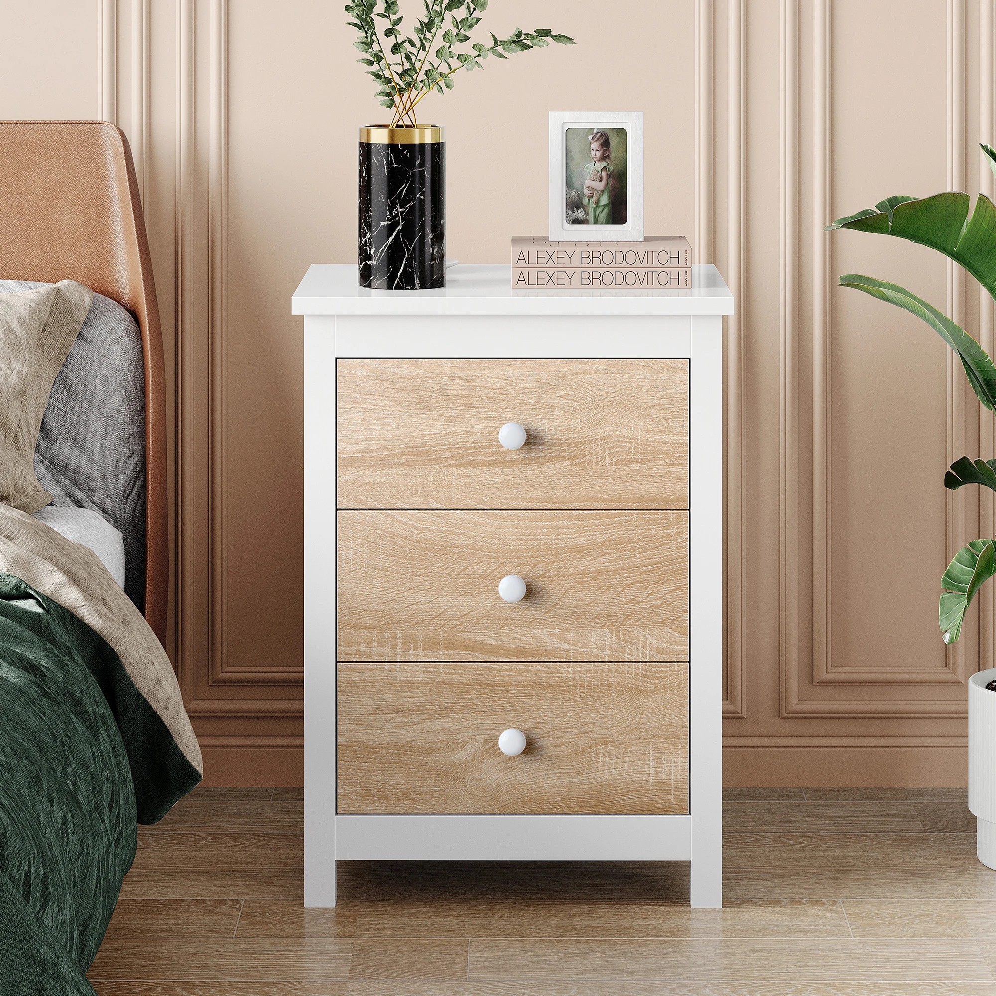 10 Alfordson Bedside Table Hamptons Nightstand Storage Side End 3 Drawers Oak, 10 of 10