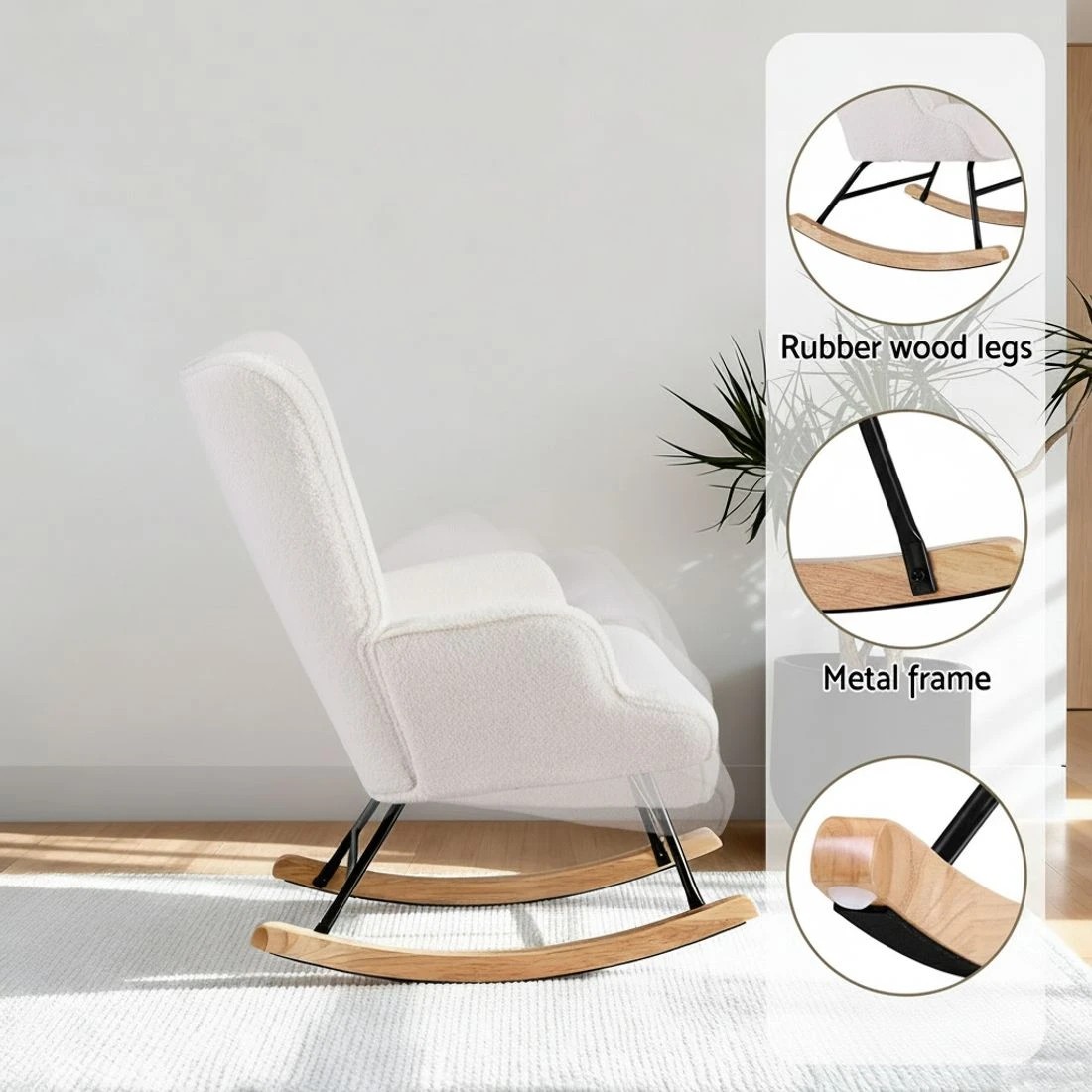 4 Artiss Rocking Chair Armchair Nursing Boucle Fabric - White, 4 of 6