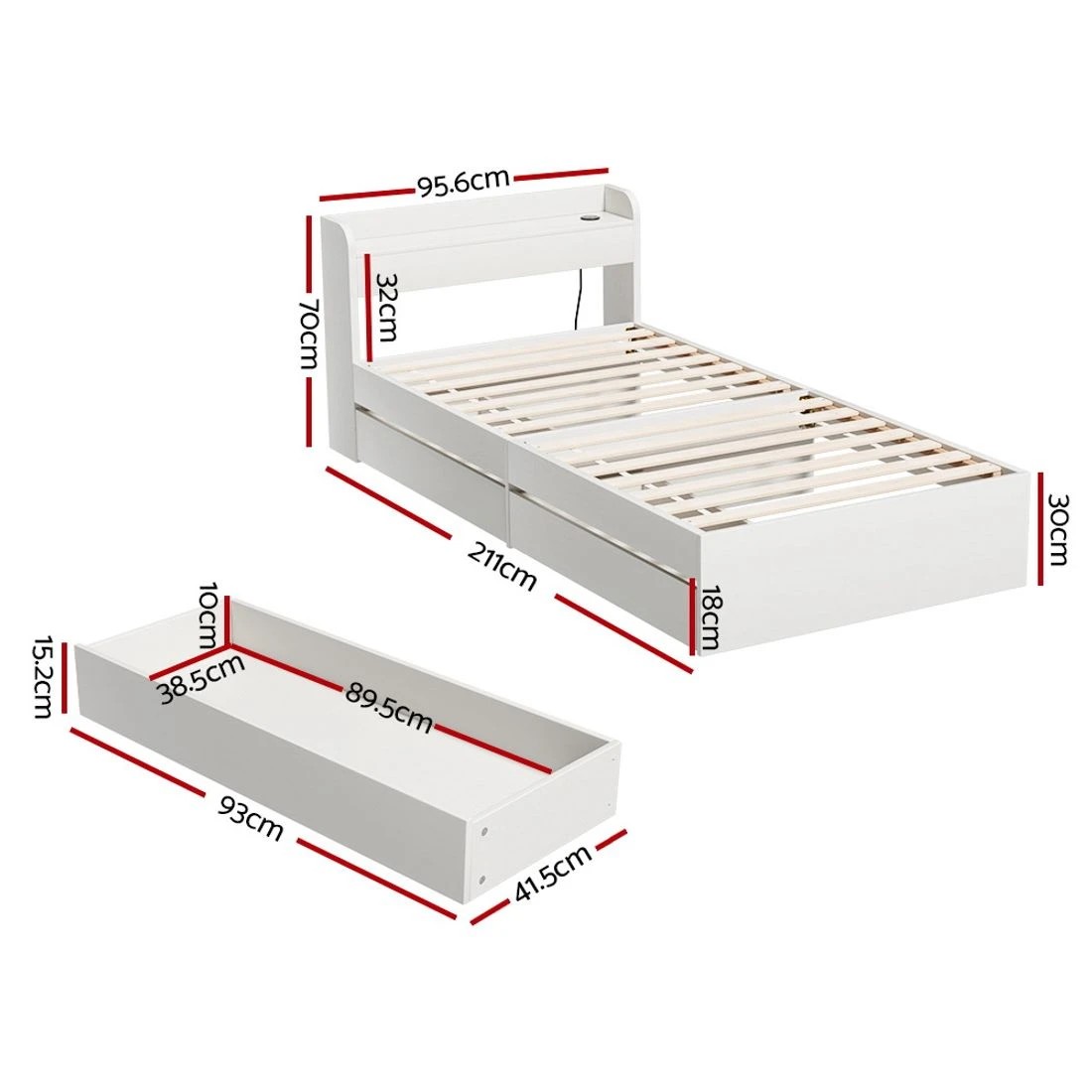 4 Artiss Bed Frame Single Size With Charging Ports And 2 Drawers Durable Space Saving Modern Decor Easy Assembly - White, 4 of 10
