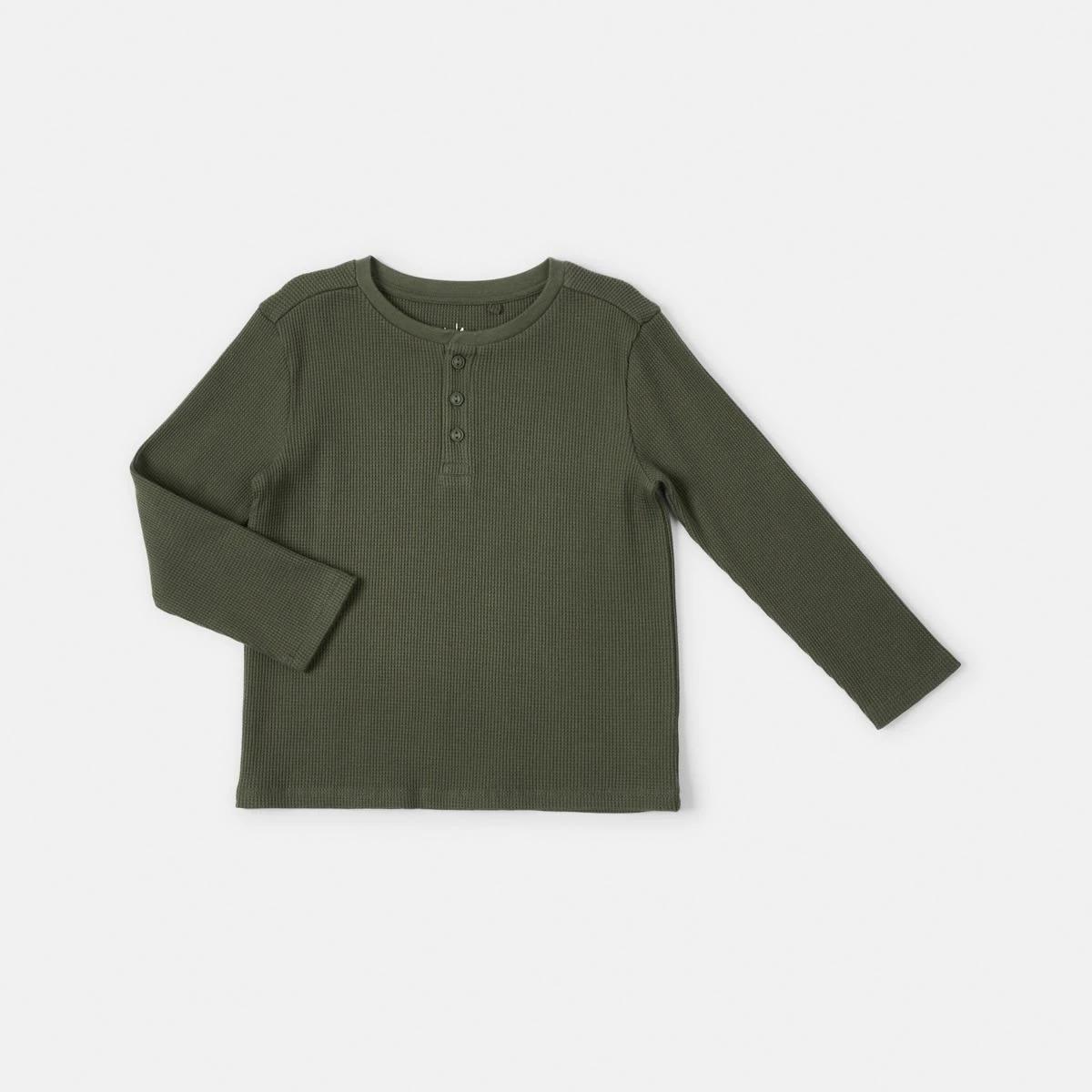 7 Waffle Henley Long Sleeve T-shirt Army, 7 of 8