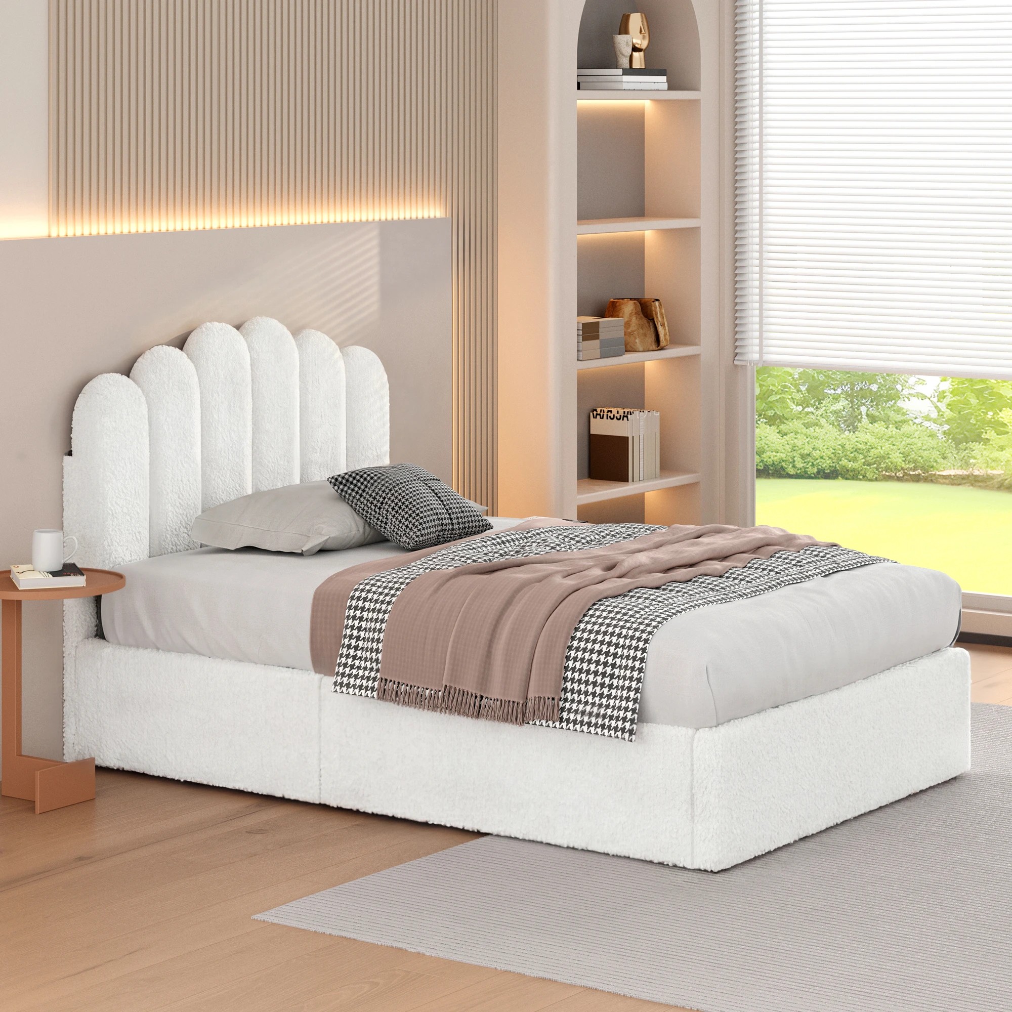 6 Alfordson Bed Frame Single Size Gas Lift Storage Base Wooden Boucle Mutis - White, 6 of 9