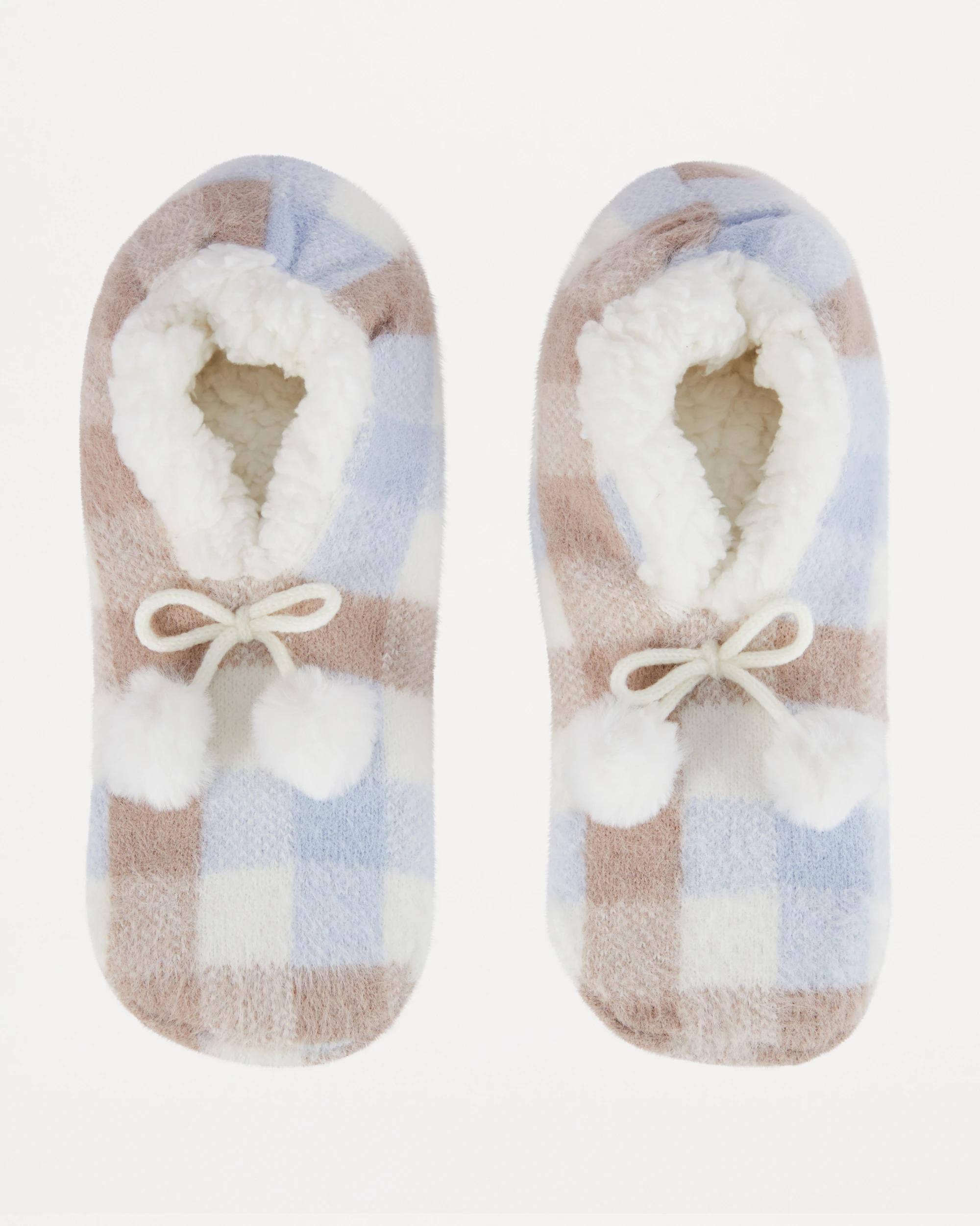 1 Sherpa Pom Pom Sockette Blue Check, 1 of 4