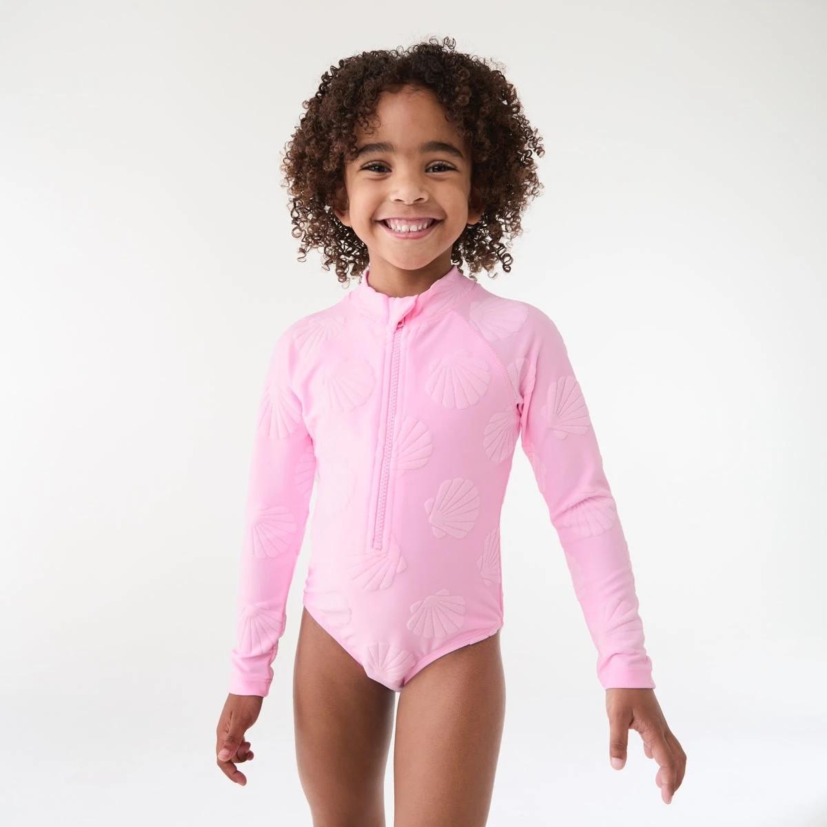 1 Long Sleeve One Piece Swimsuit Pnk Shell, 1 of 8