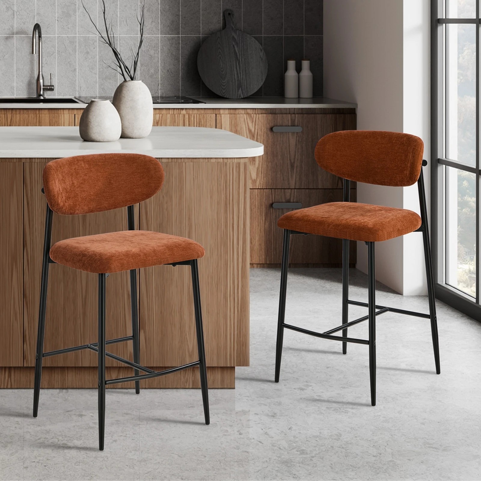 3 Oikiture 2x Bar Stools Kitchen Stool Counter Chair Fabric Organe - Orange, 3 of 8