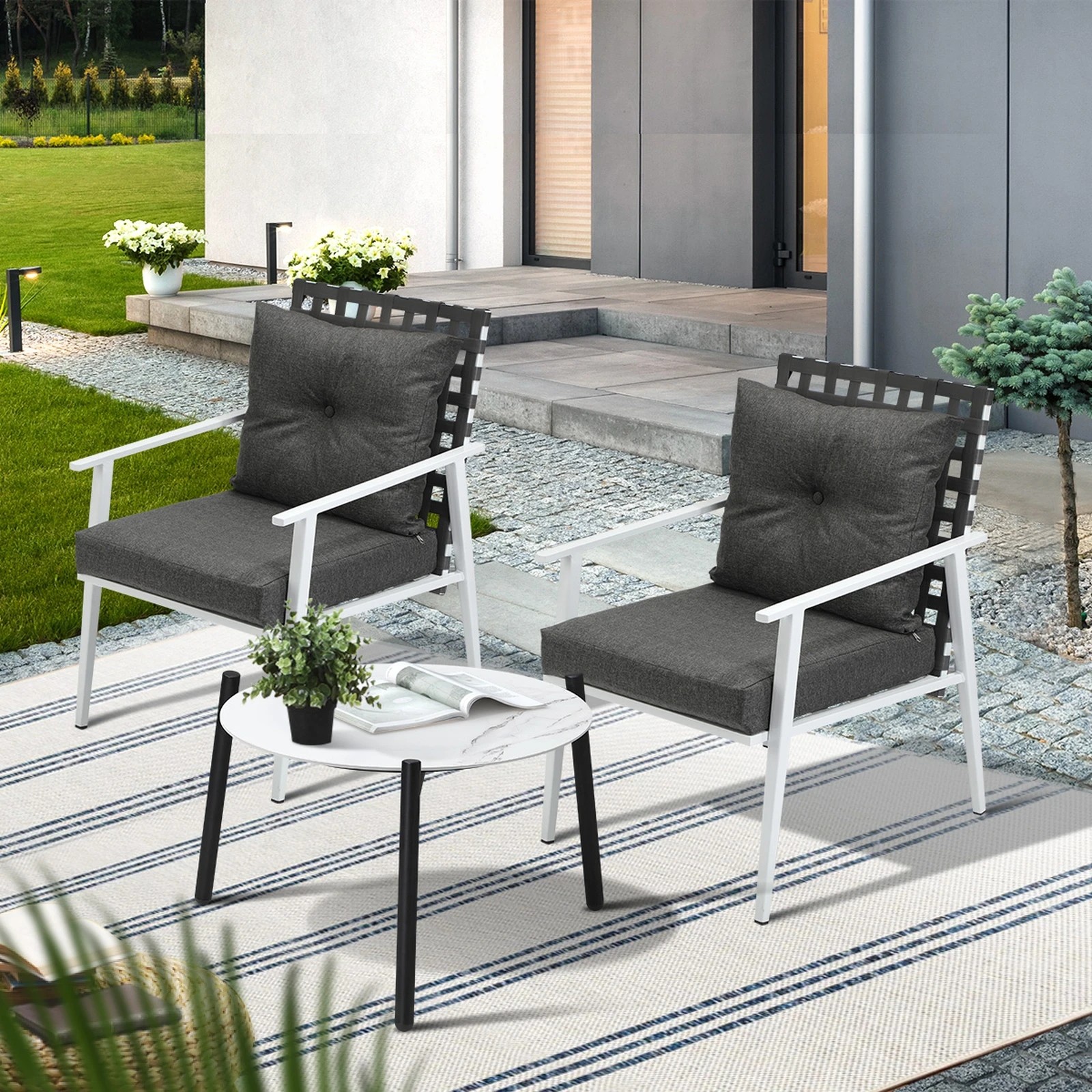 4 Livsip 3pc Outdoor Lounge Sets Patio Set 50CM White Round Table Rattan Chairs - Multi, 4 of 9