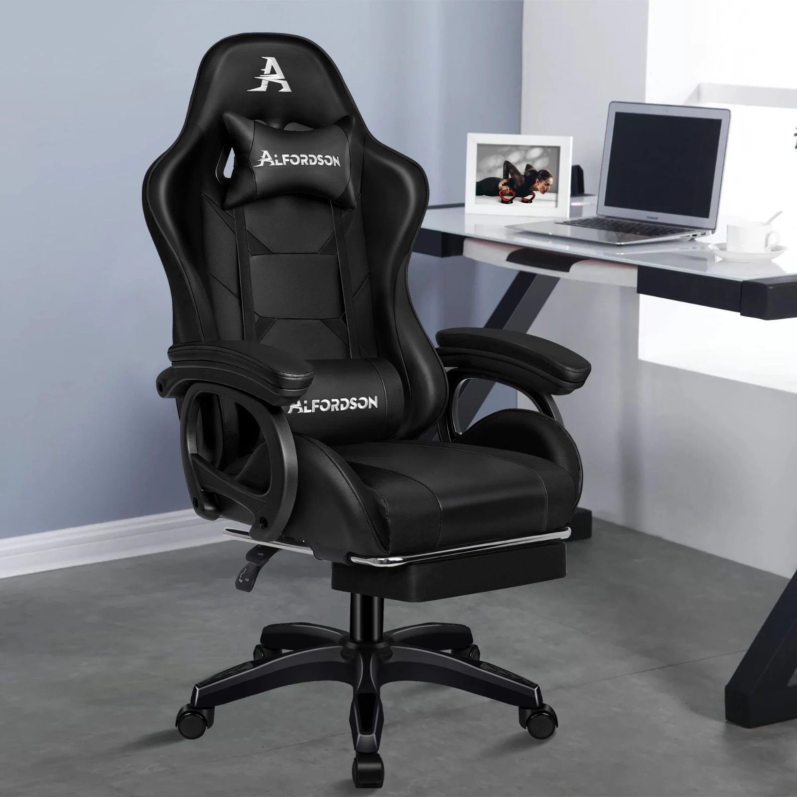 9 Alfordson Gaming Office Chair Racing Massage Computer Seat Footrest Leather - Black, 9 of 10