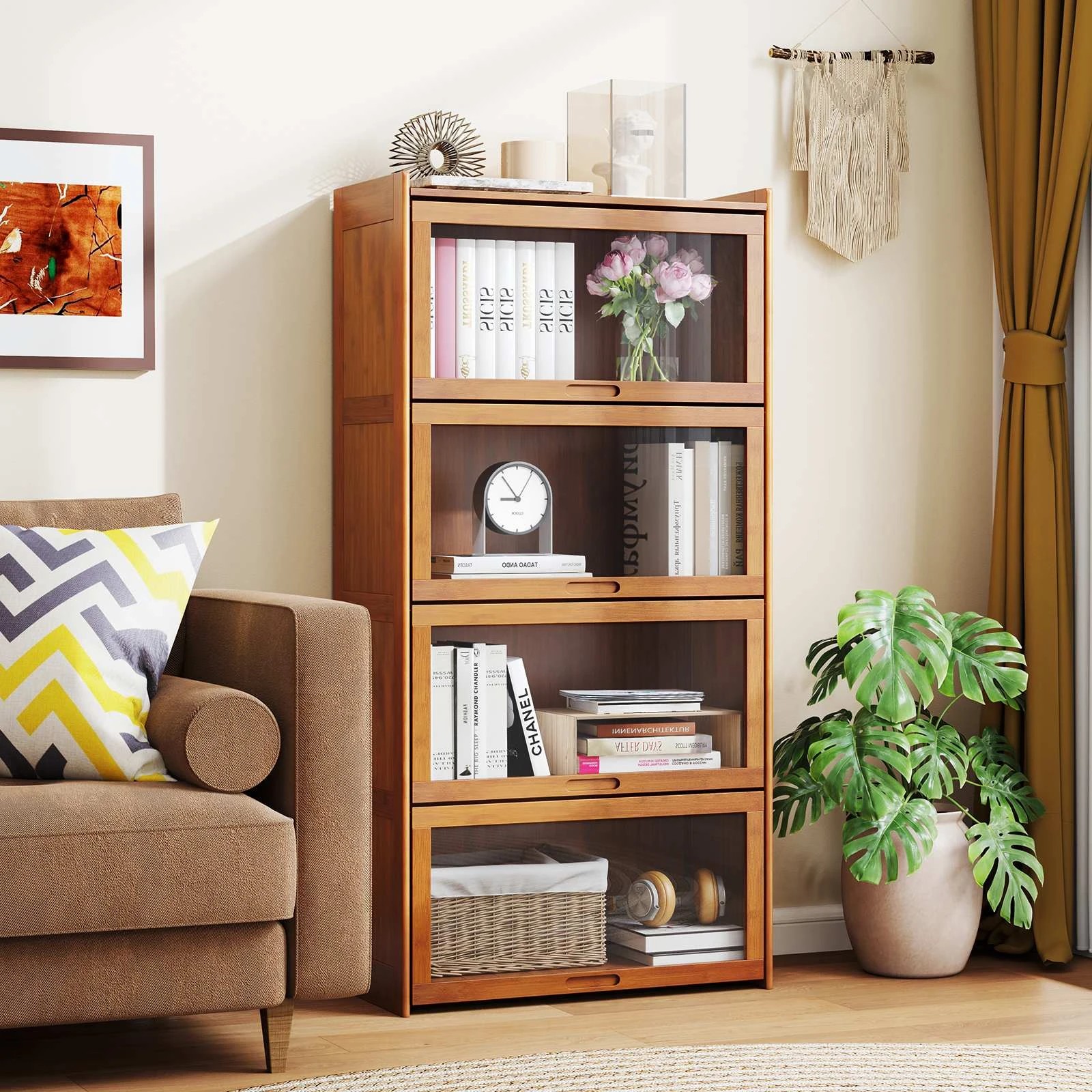 2 Costway 1.4m 4-Tier Bookcase Bamboo Bookshelf w/Doors Cube Organizer Display Cabinet - Brown, 2 of 5