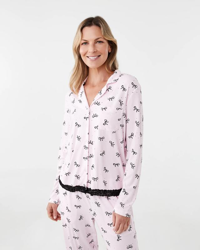 Long Sleeve Rib Lace Button Through