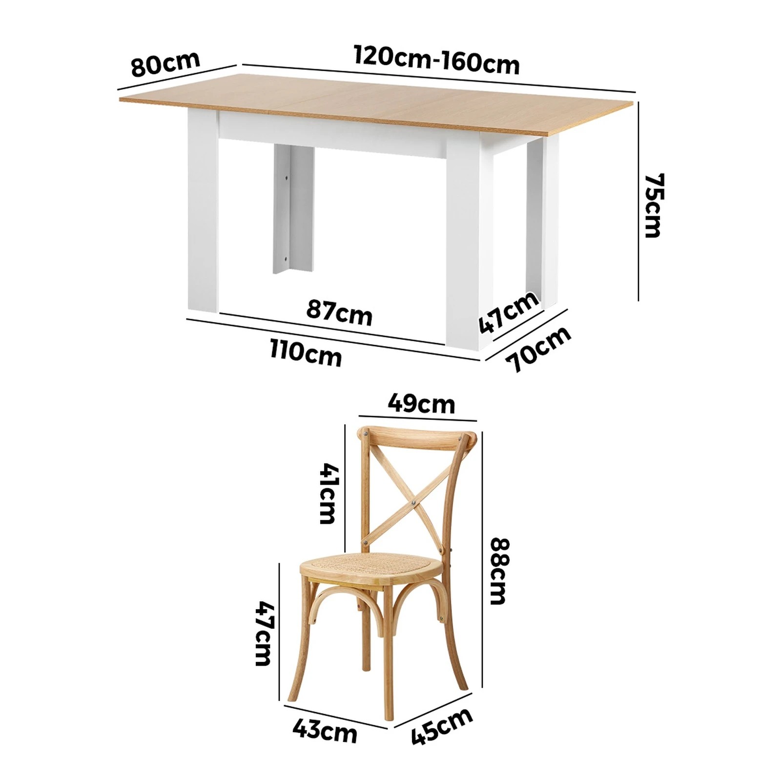 9 Oikiture 160cm Extendable Dining Table With 4pcs Dining Chairs Crossback Wooden
 - Multi, 9 of 10