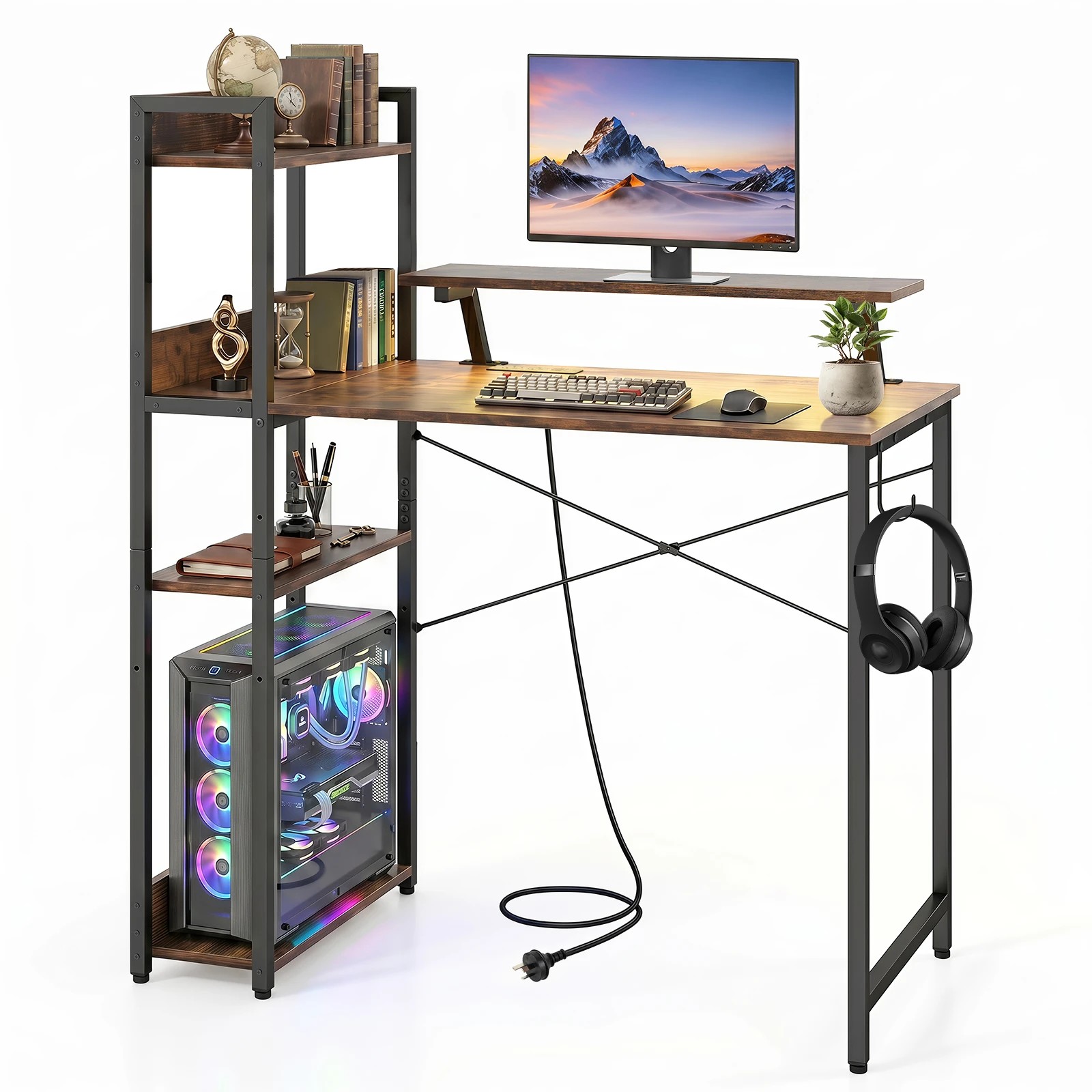5 Costway Reversible Computer Desk w/LEDs & Charging Station Home Office Gaming Desk - Brown, 5 of 5