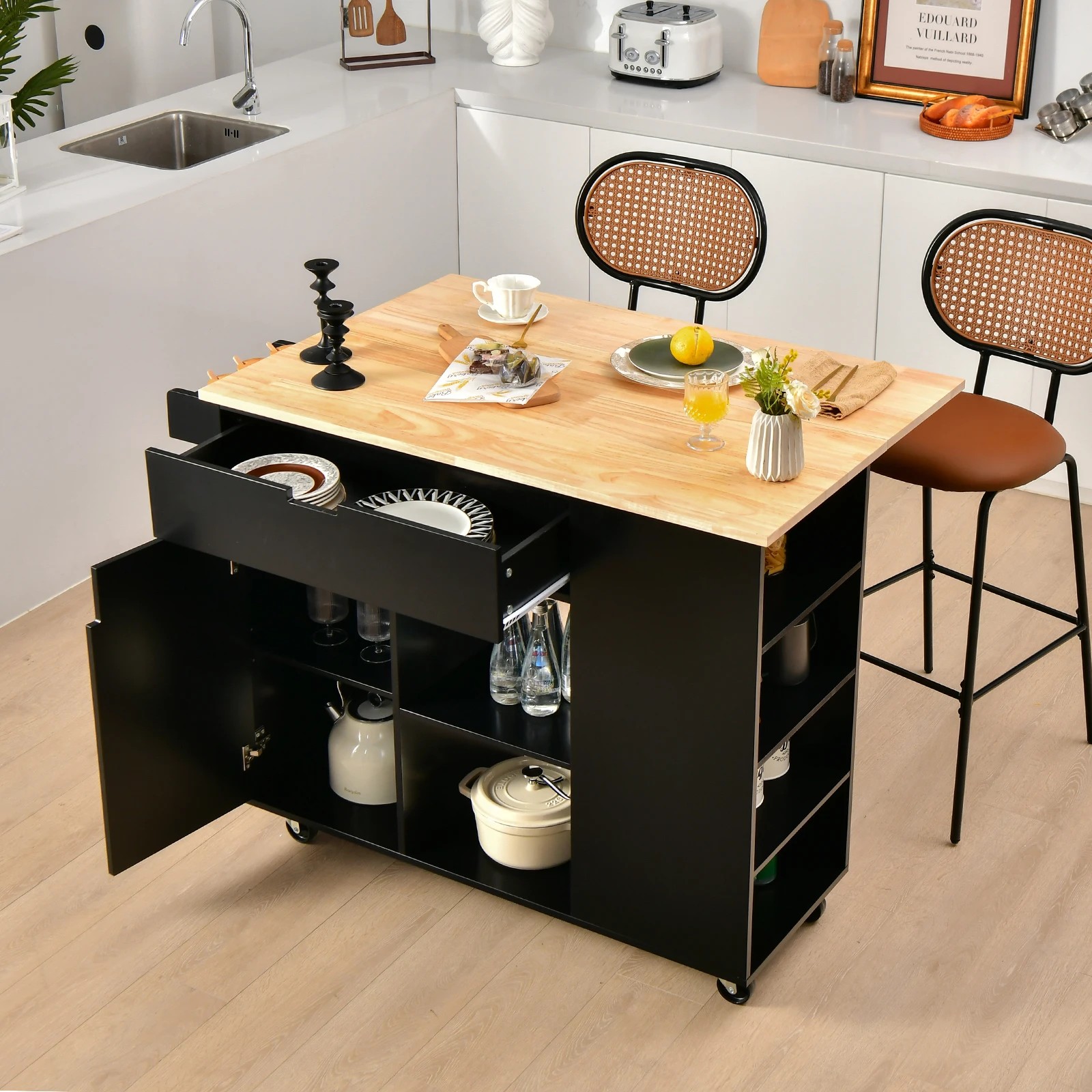 3 Costway Kitchen Island w/Drop Leaf Countertop Black, 3 of 4