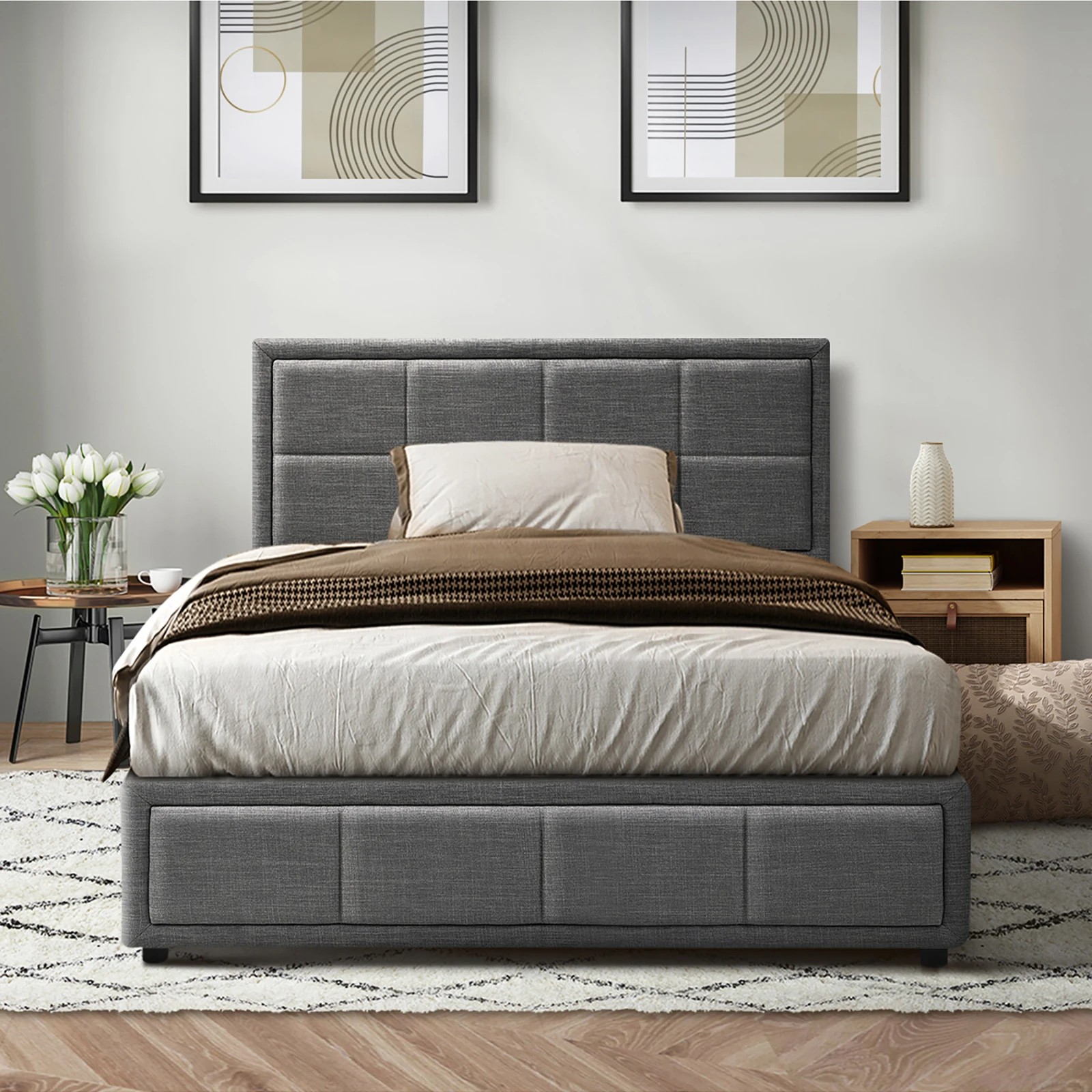 6 Oikiture Bed Frame King Single Gas Lift Storage Base Fabric - Grey, 6 of 10
