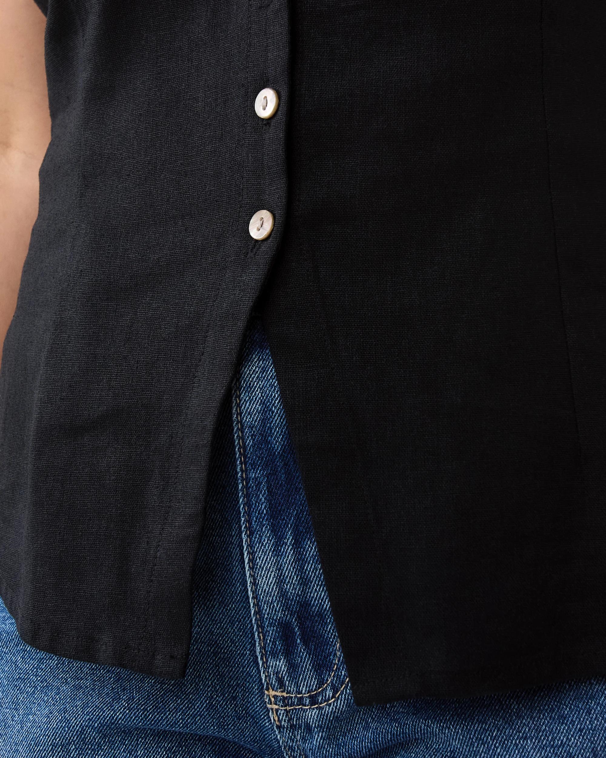 7 Sleeveless Collared Linen Blend Button Top Black, 7 of 7