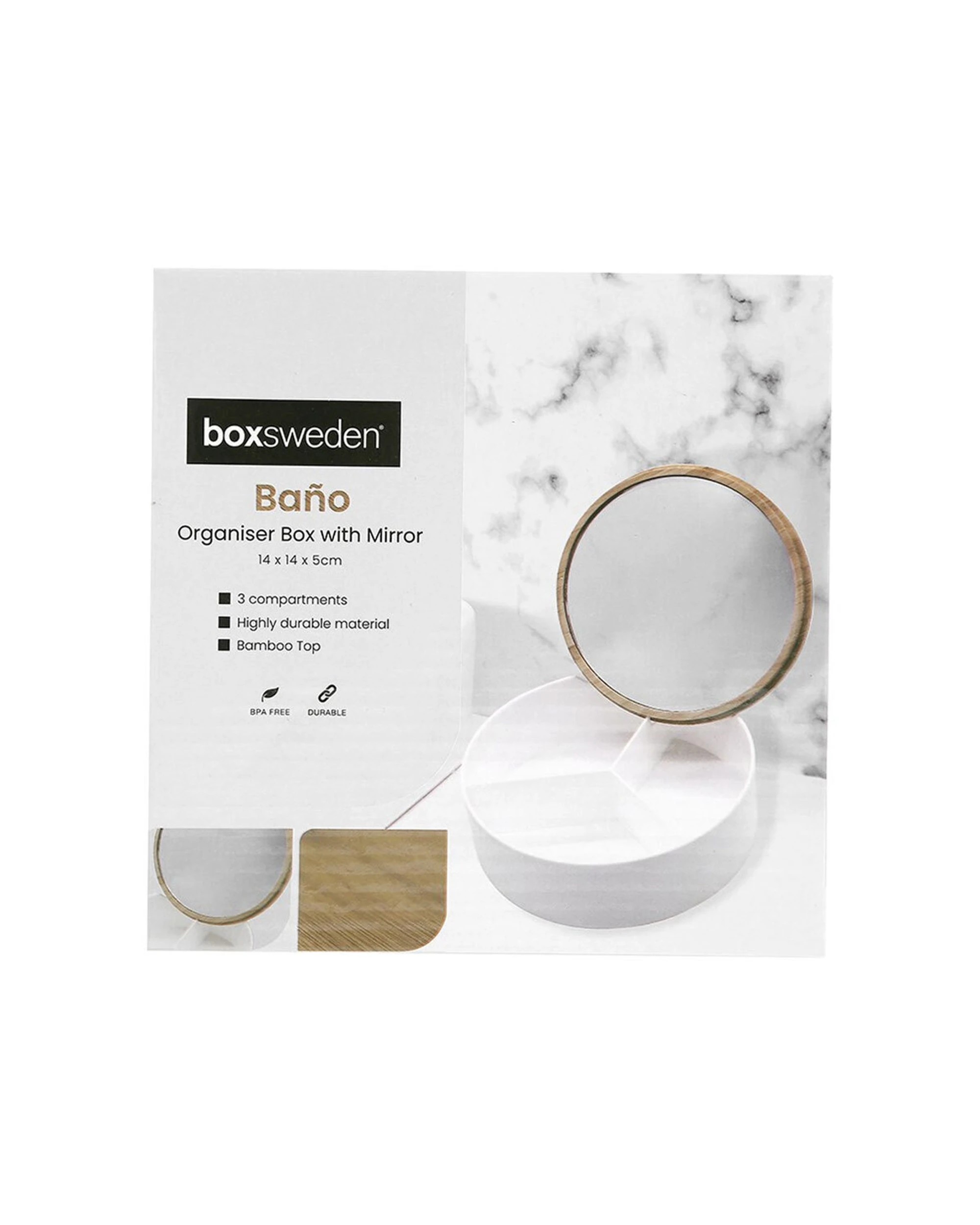 5 Boxsweden Bano Round Organiser Box With Mirror Bamboo Top 14cm x 14cm x 5cm, 5 of 5