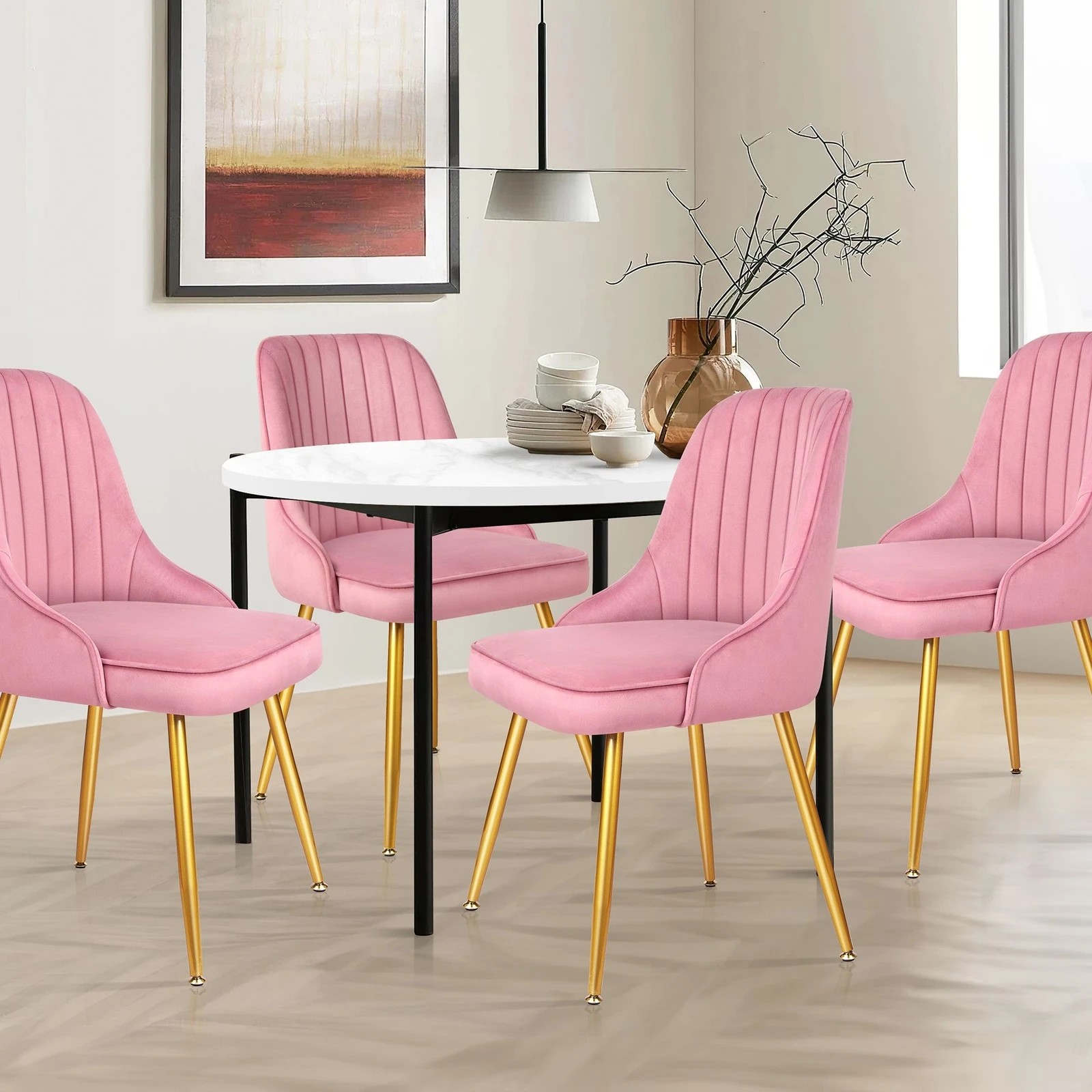 3 Alfordson 2x Dining Chairs Kitchen Accent Lounge Padded Tufted Seat Velvet - Pink, 3 of 10