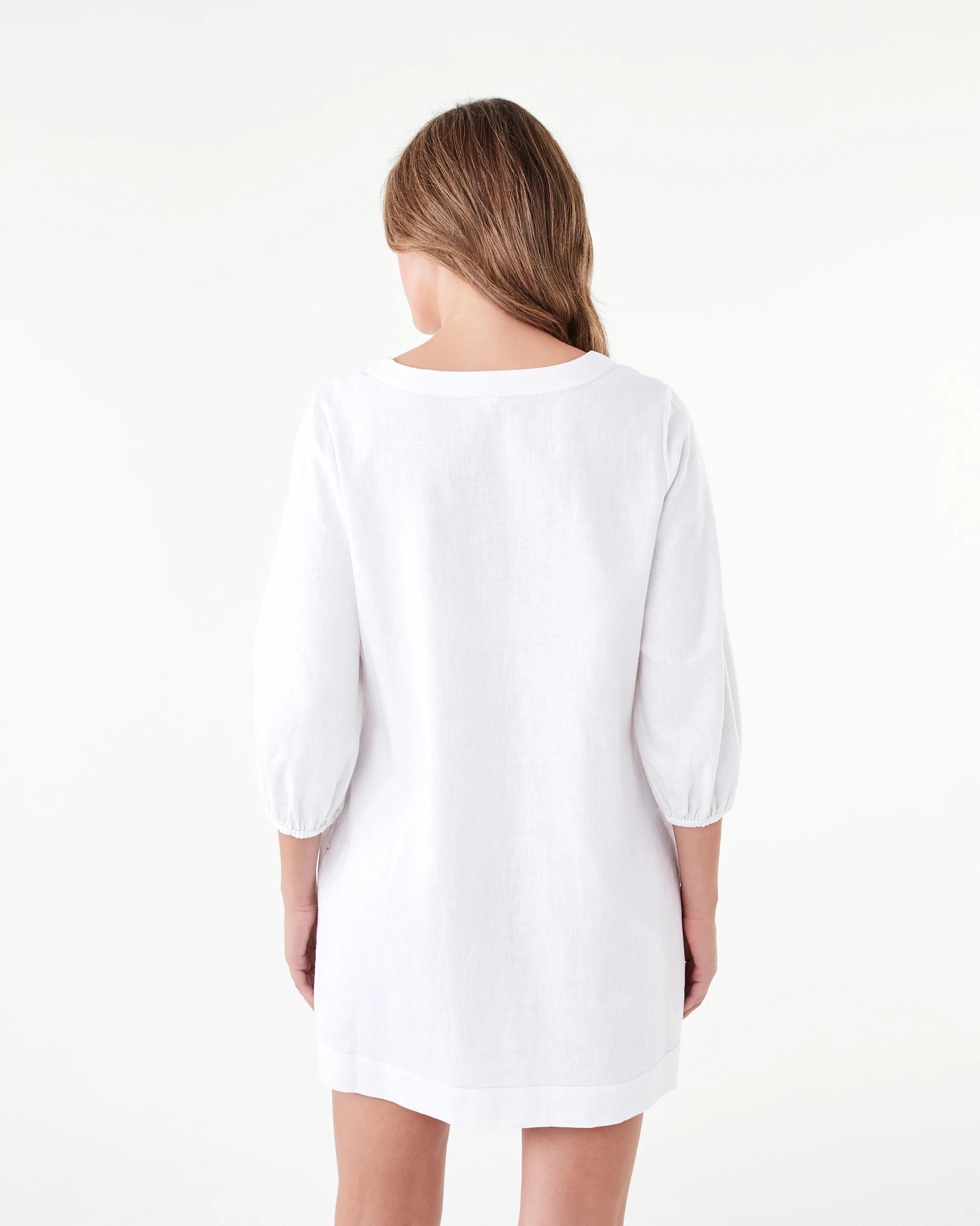 3 Long Sleeve Linen Blend V-Neck Mini Dress White, 3 of 8