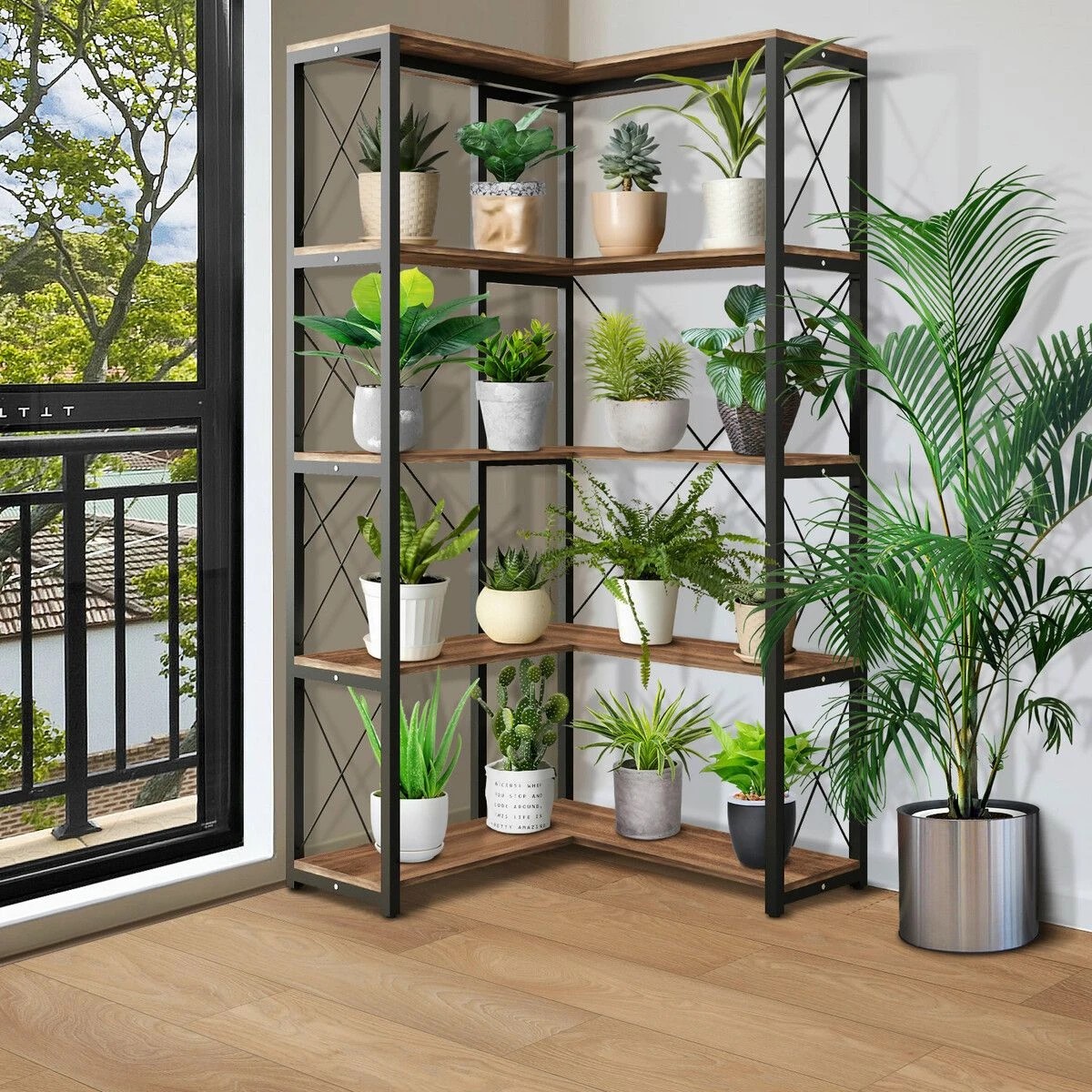 3 LUXSUITE Bookshelf Display Corner Shelf 4 Tier Metal Black, 3 of 5