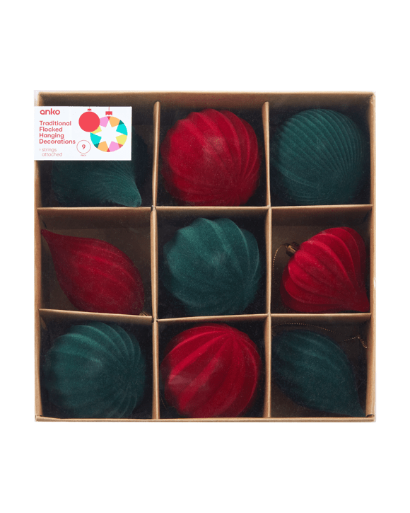 9 Pack Traditional Flocked Hanging Decorations