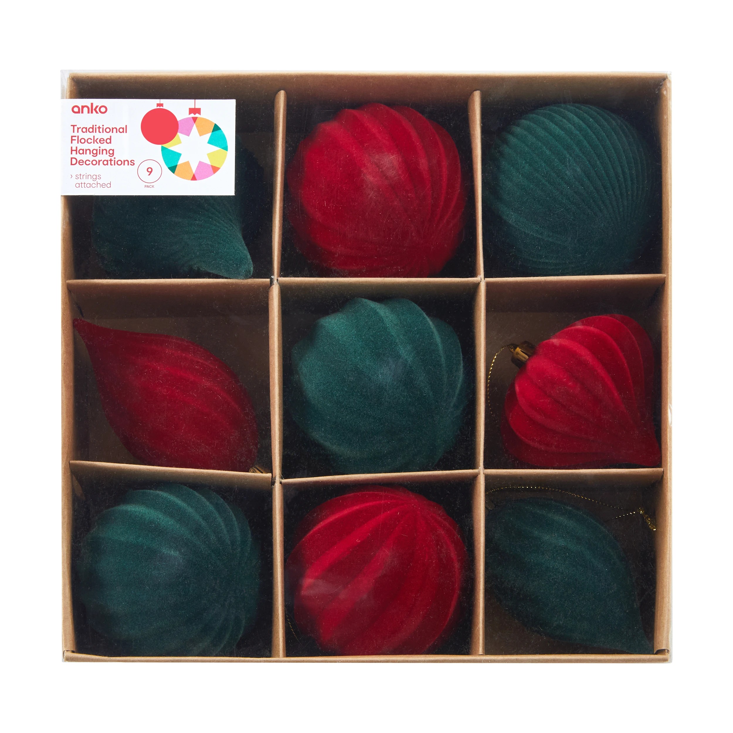1 9 Pack Traditional Flocked Hanging Decorations, 1 of 4
