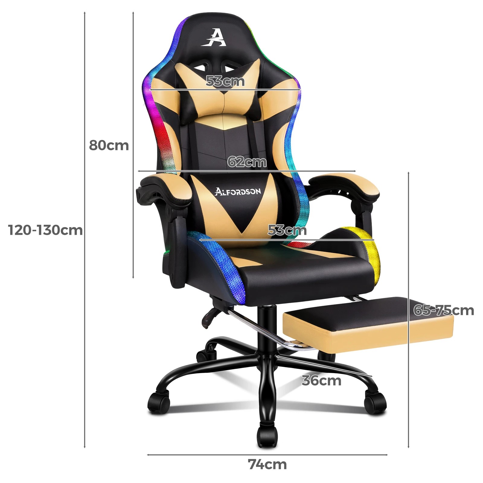 3 Alfordson Gaming Chair Office Massage 12 RGB LED Computer Seat PU Leather - Gold, 3 of 10