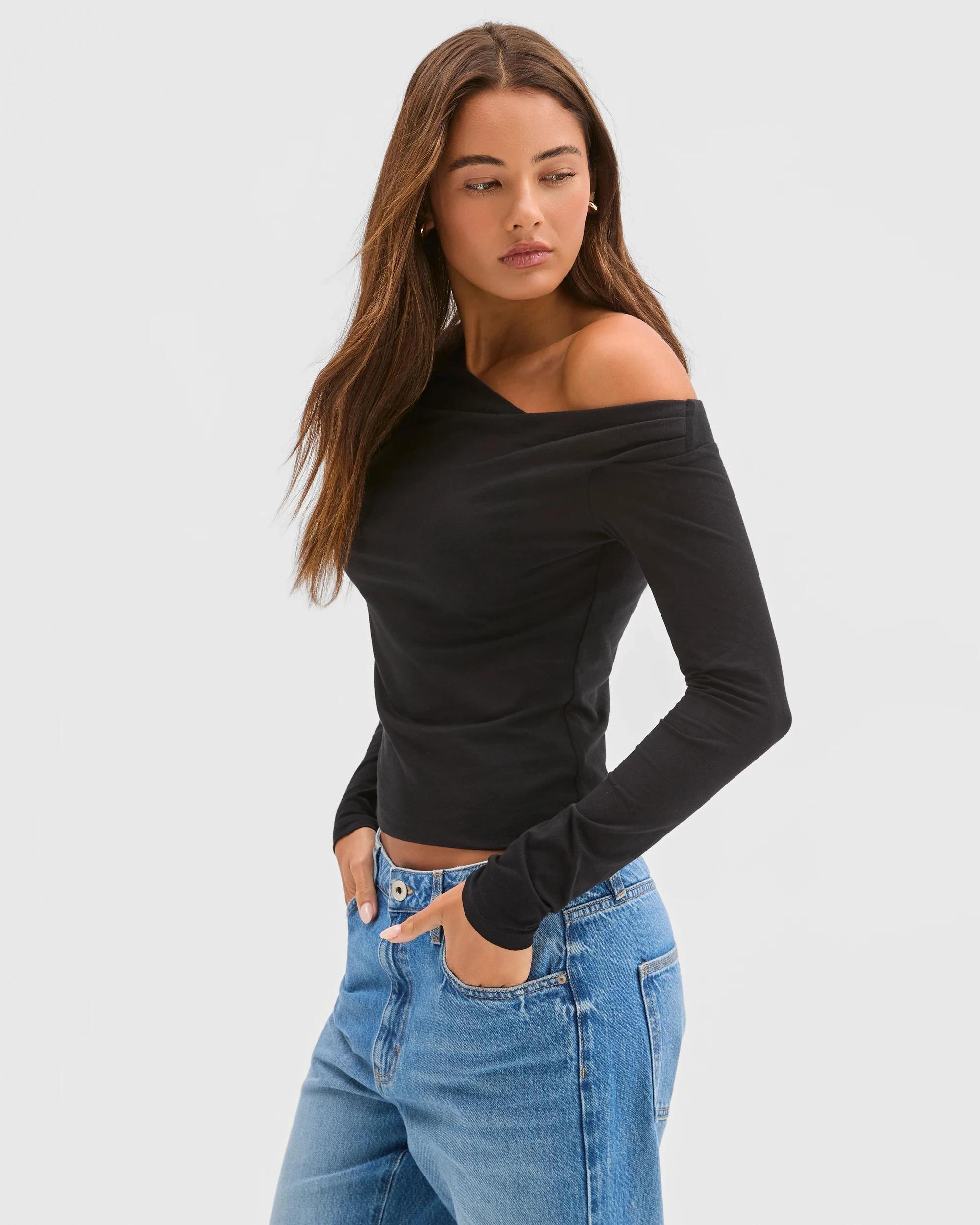 4 Lily Loves Australian Cotton Off Shoulder Long Sleeve Top BLACK, 4 of 6