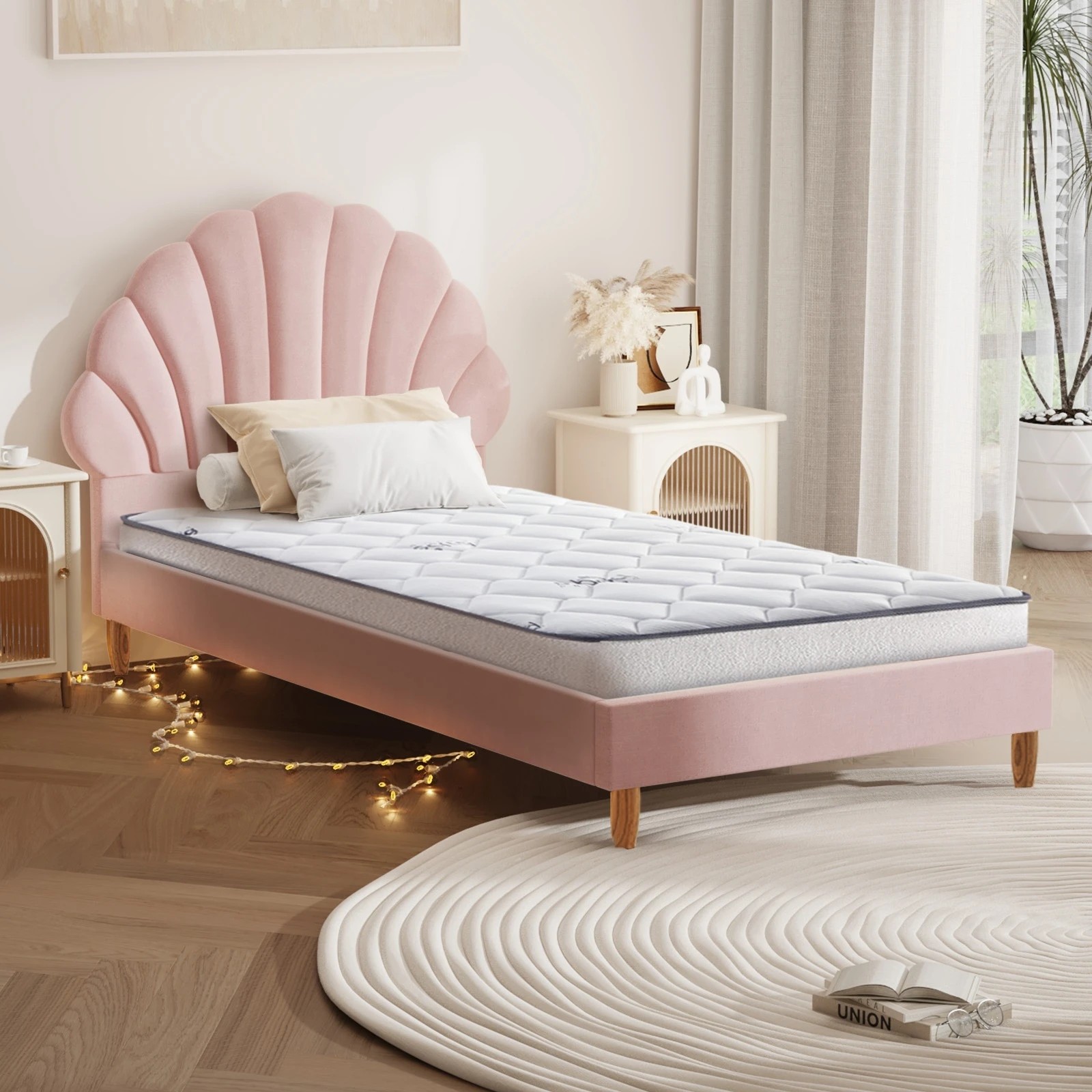 3 Oikiture Bed Frame Single Size Scallop-Shape Bedhead Velvet with Mattress - Pink, 3 of 7
