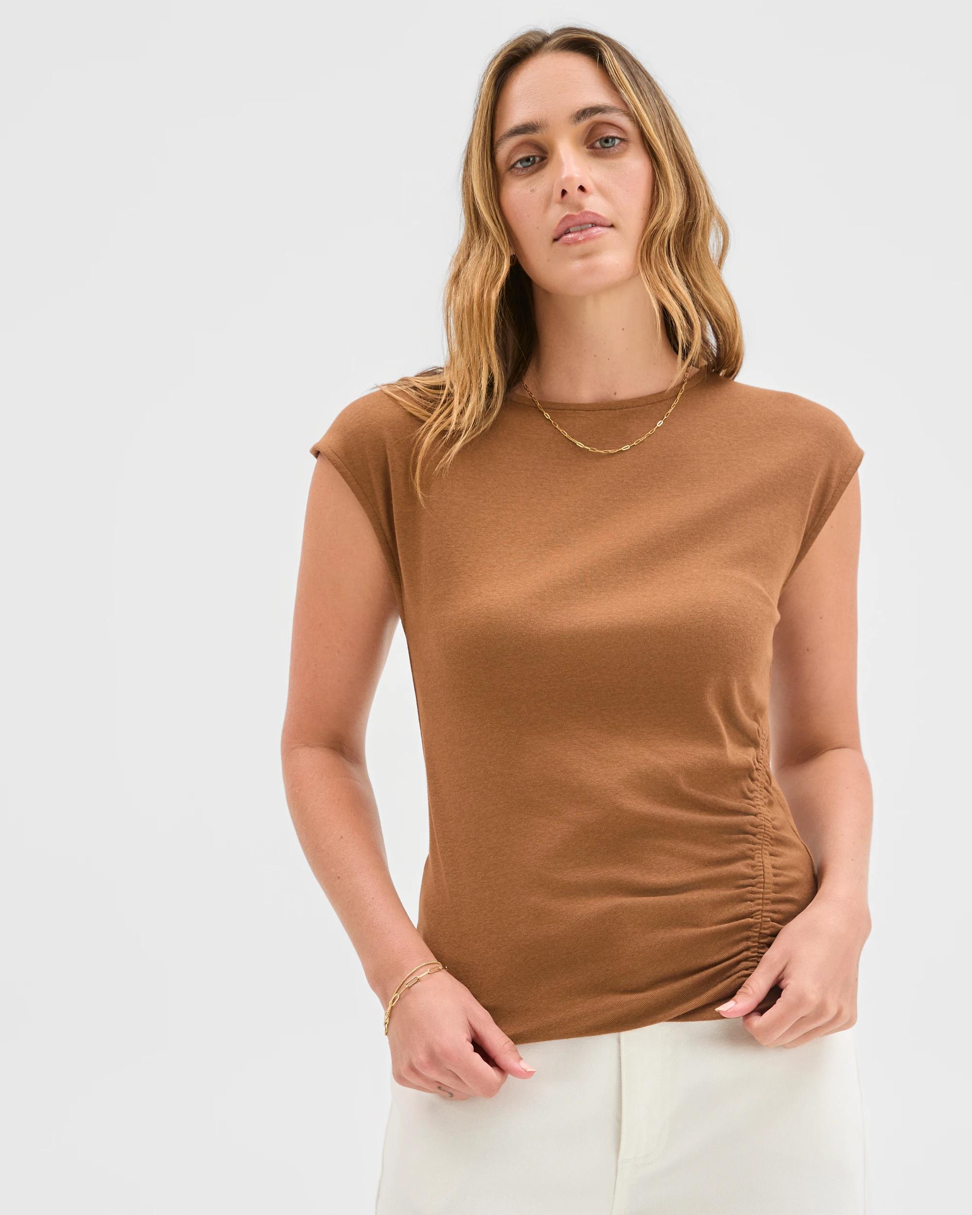3 Target Australian Cotton Blend Soft Touch Front Gathered Seam T-Shirt COCONUT SHELL, 3 of 6