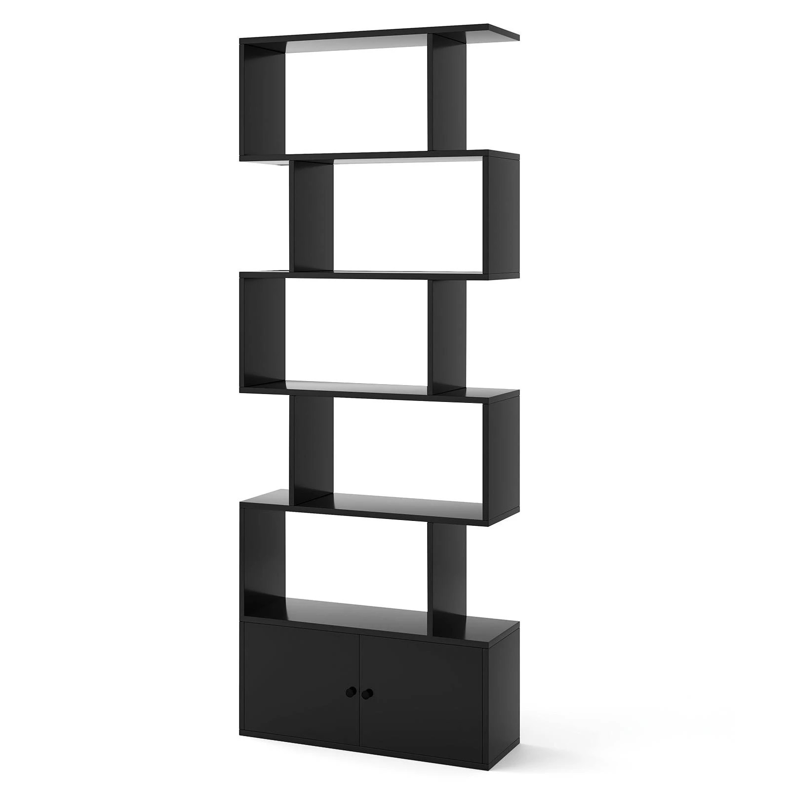 1 Costway S-Shaped 6-Tier Bookshelf w/Cabinet Bookcase Storage Display Shelf Stand Rack - Black, 1 of 4