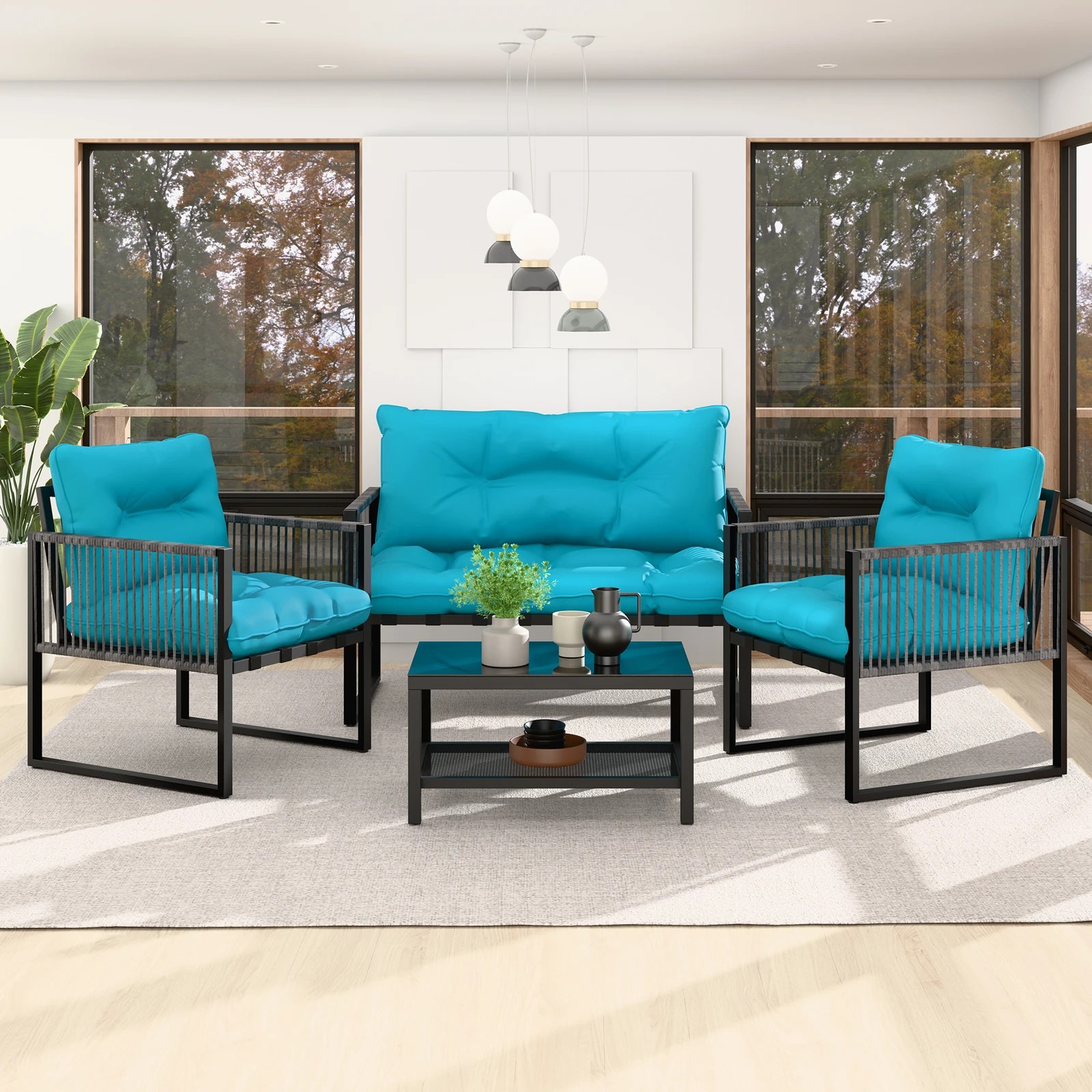 3 Alfordson 4PCS Outdoor Furniture Lounge Set Wicker Table and Chairs Garden - Blue, 3 of 10