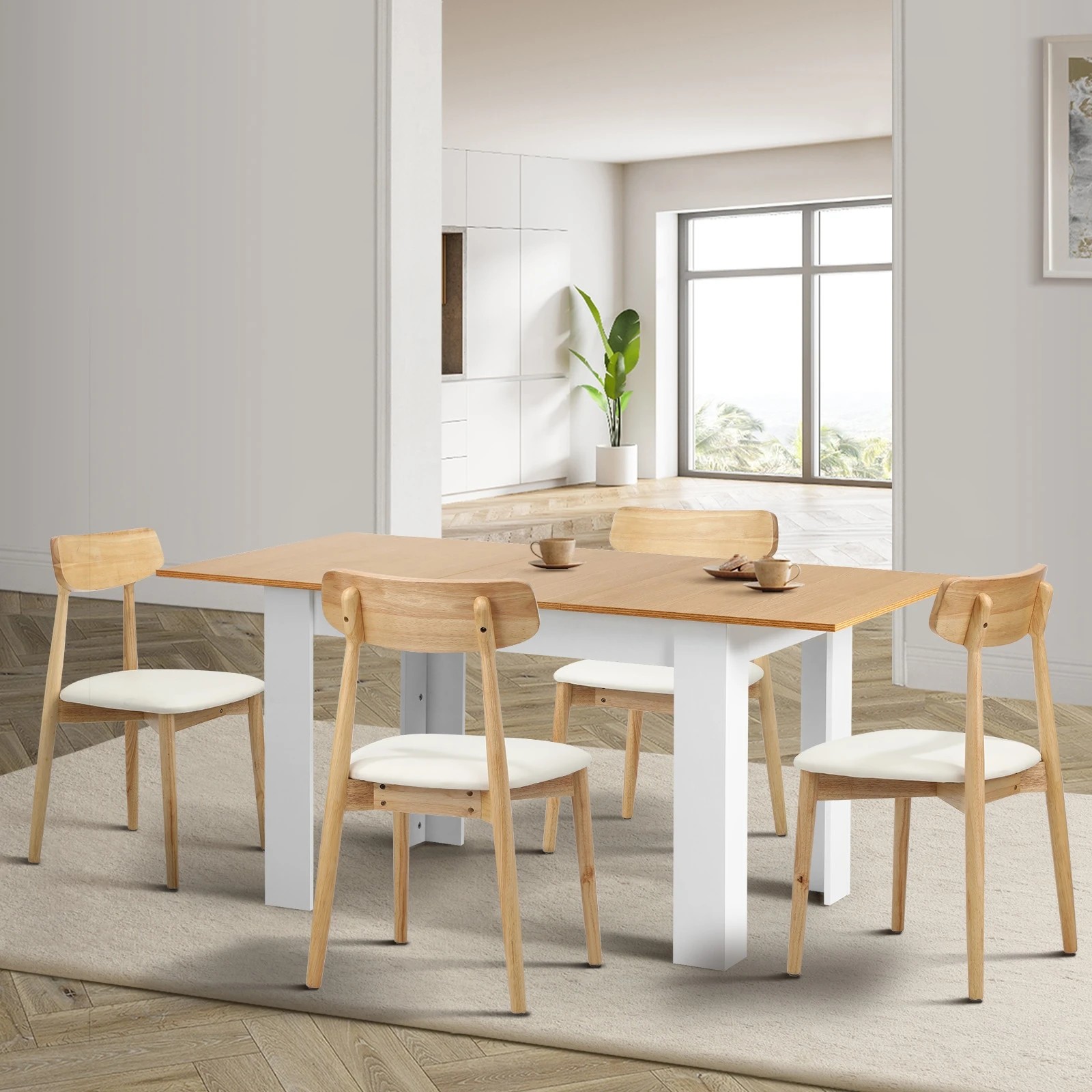 3 Oikiture 160cm Extendable Dining Table with 4x Dining Chairs PU Leather - Multi, 3 of 9