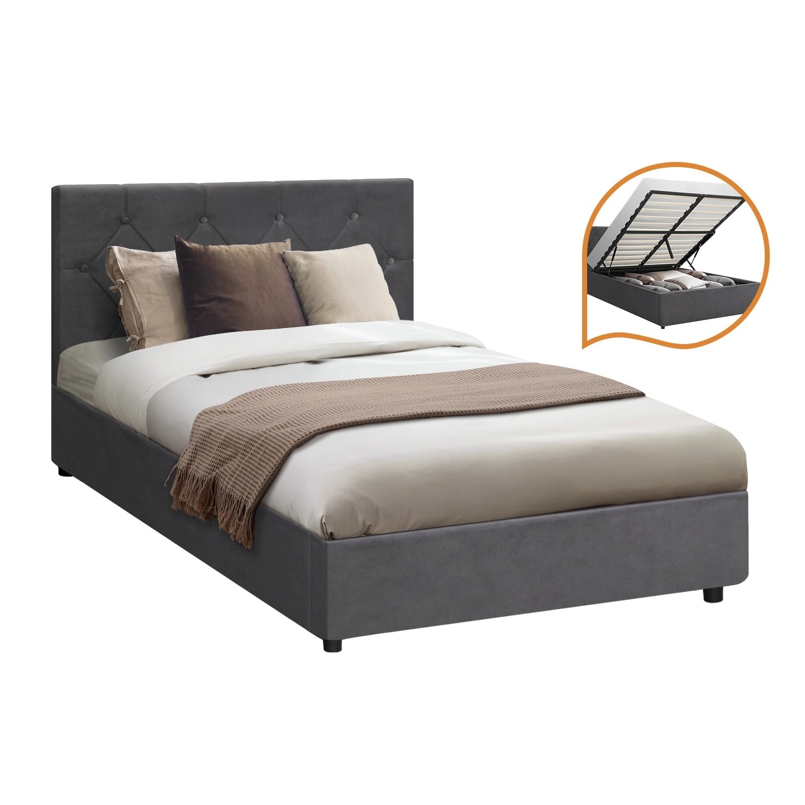 1 Oikiture Bed Frame King Single Gas Lift Storage Base Velvet COTI - Grey, 1 of 10