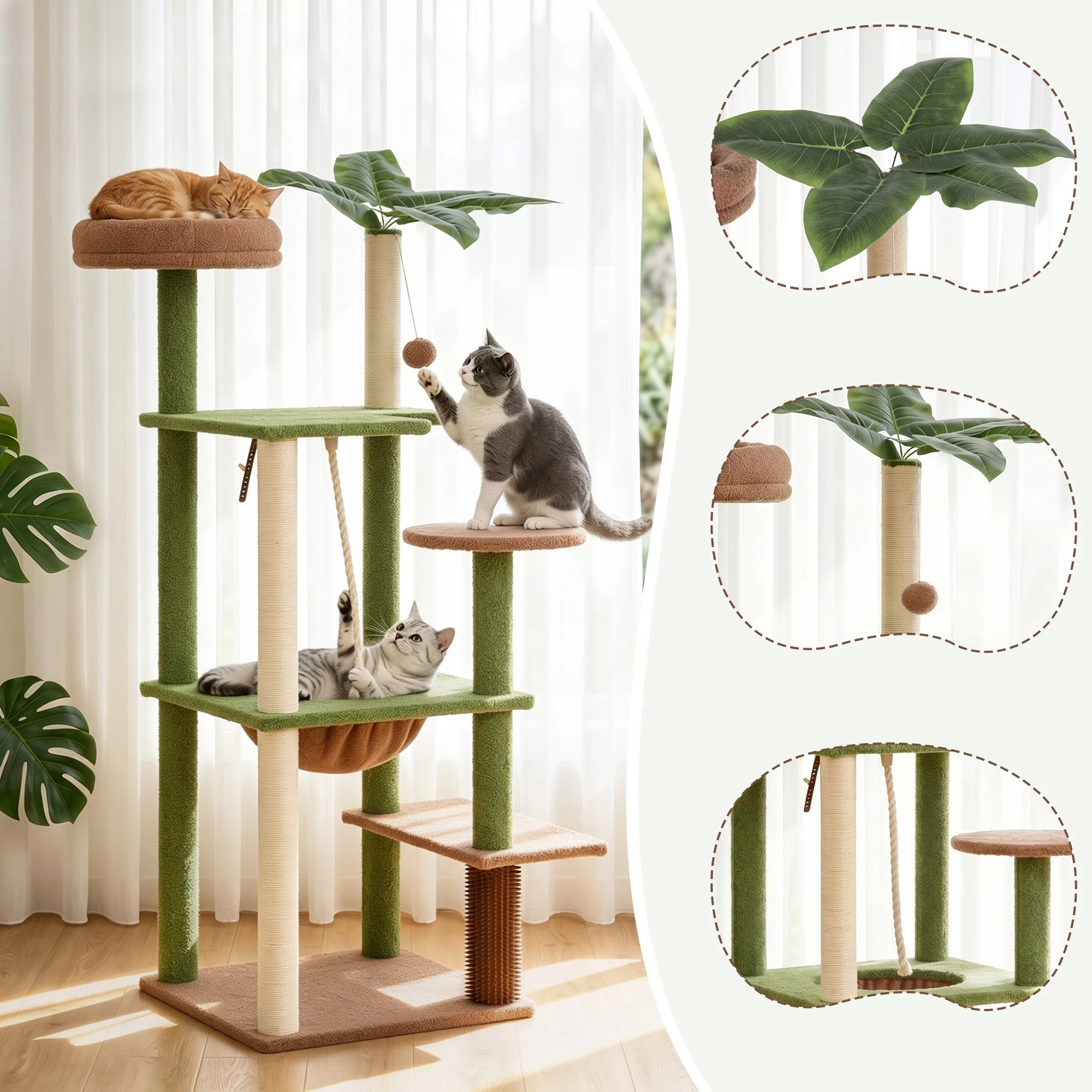 5 i.Pet Cat Tree Tower 152cm Jungle Multi-Level Scratching Post Leafy Canopy - Multi, 5 of 10