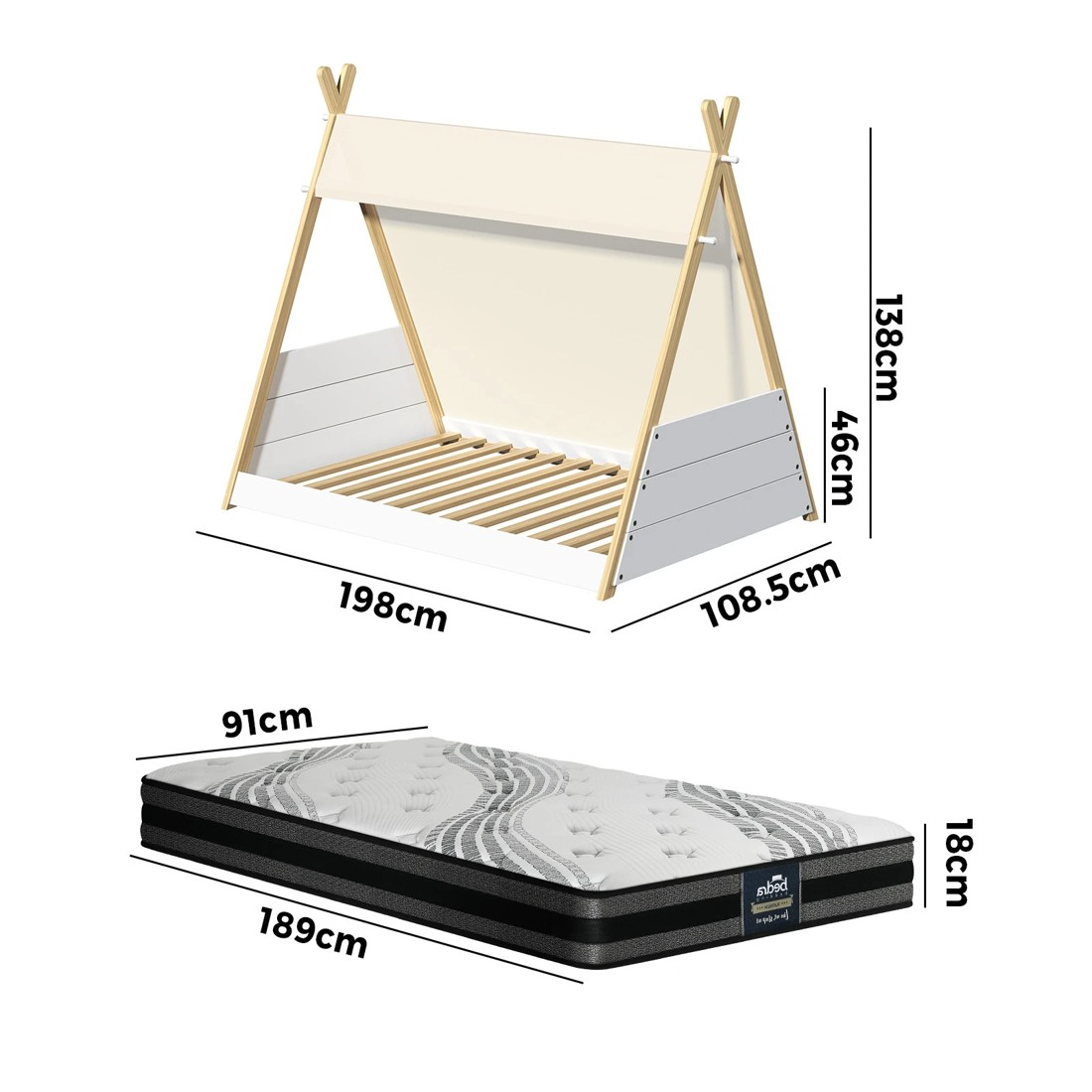 6 Oikiture Kids Bed Frame And Mattress Timber House Teepee Triangle Beds Single
 - Multi, 6 of 10