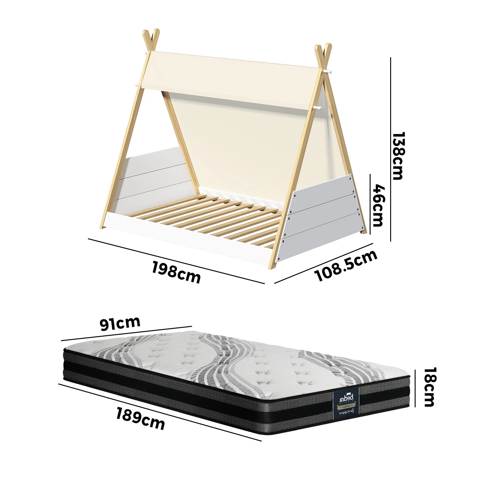 6 Oikiture Kids Bed Frame And Mattress Timber House Teepee Triangle Beds Single
 - Multi, 6 of 10