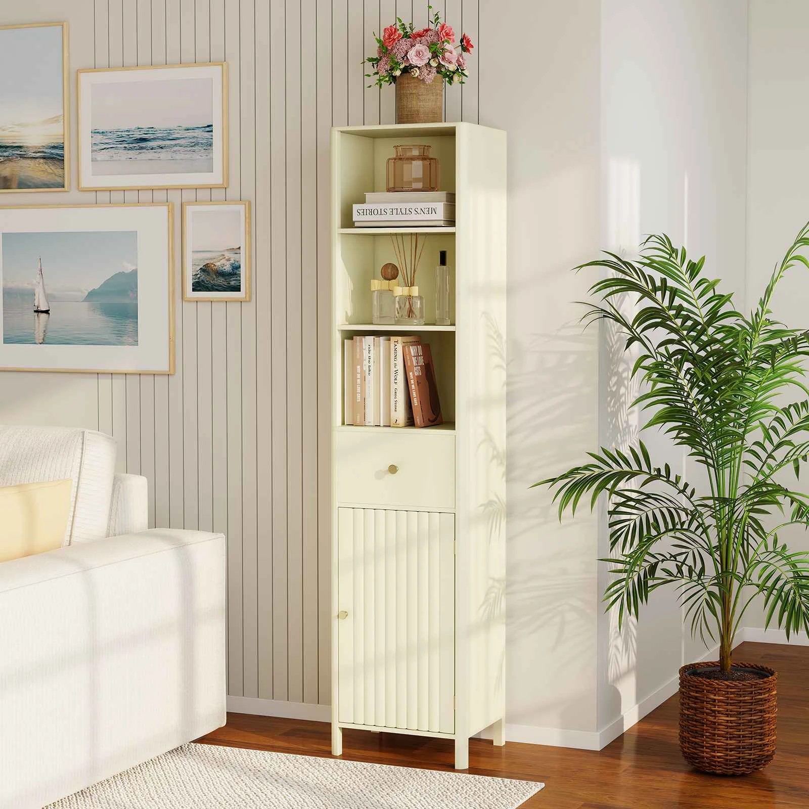 2 Costway 1.7M Bathroom Storage Cabinet Narrow Cupboard Organizer w/Fluted Door, 2 of 5
