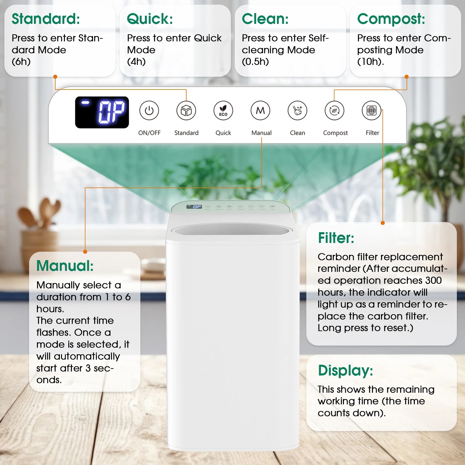 4 Advwin Electric Composter, Smart Kitchen Waste Composter with Detachable Carbon Filter, 4 of 8