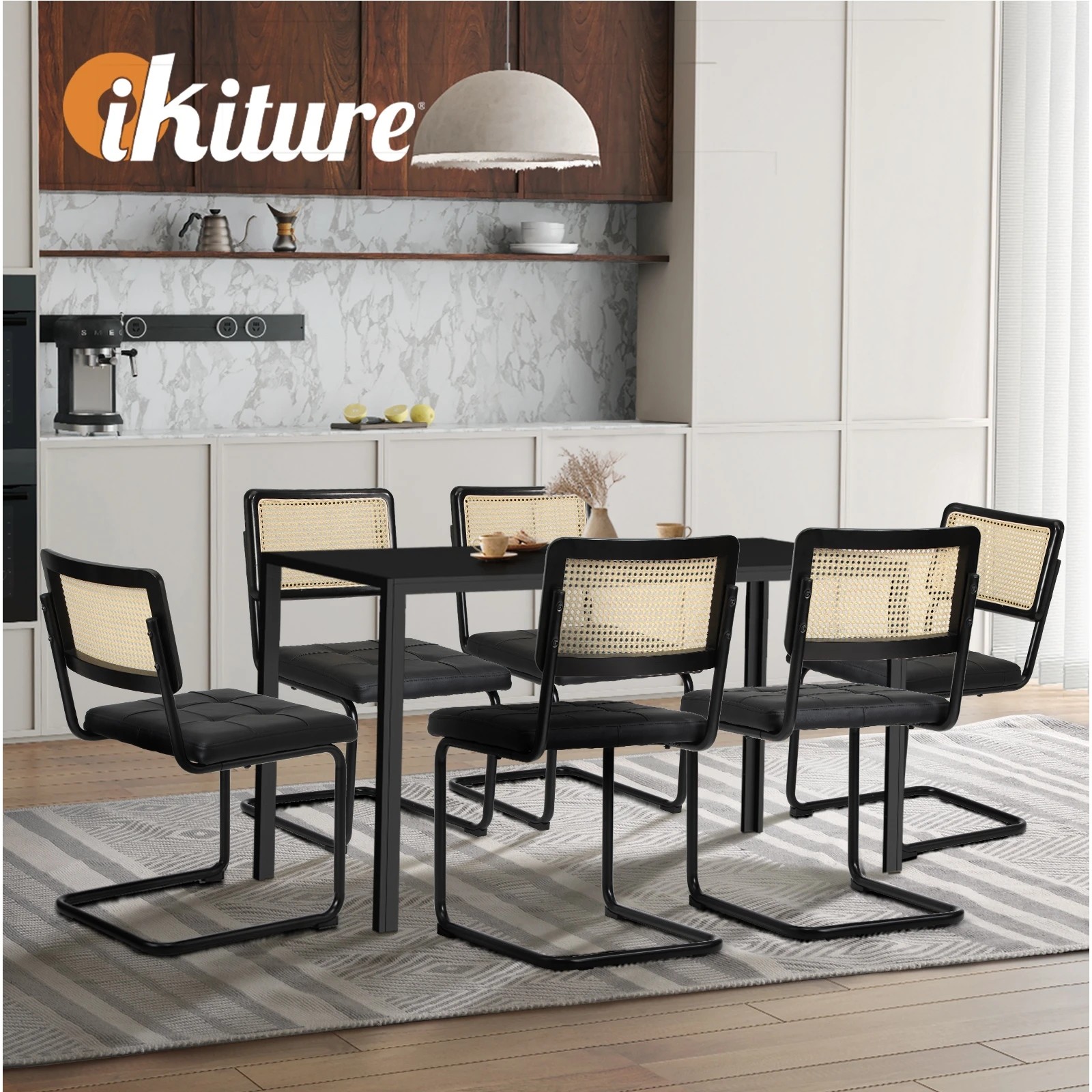 5 Oikiture 140cm Rectangle Dining Table with 6PCS Dining Chairs Leather - Black, 5 of 9