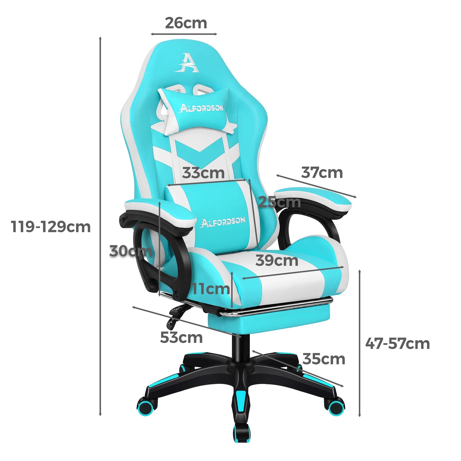 4 Alfordson Gaming Office Chair Massage 12 RGB LED Computer Seat Footrest - Cyan White, 4 of 10