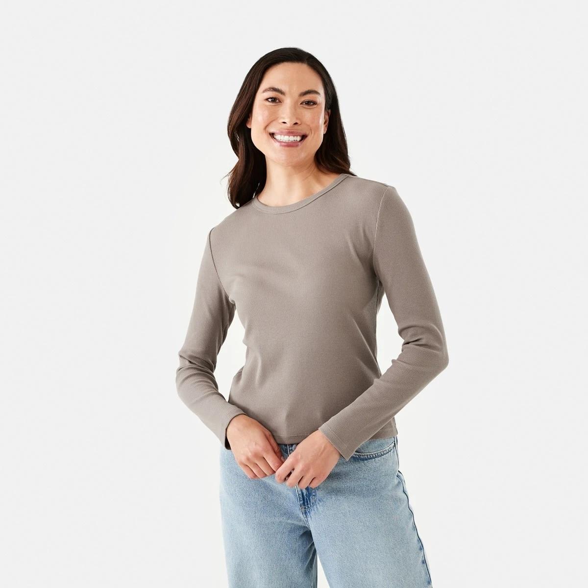 2 Long Sleeve Rib Crew T-shirt Taupe Brn, 2 of 6