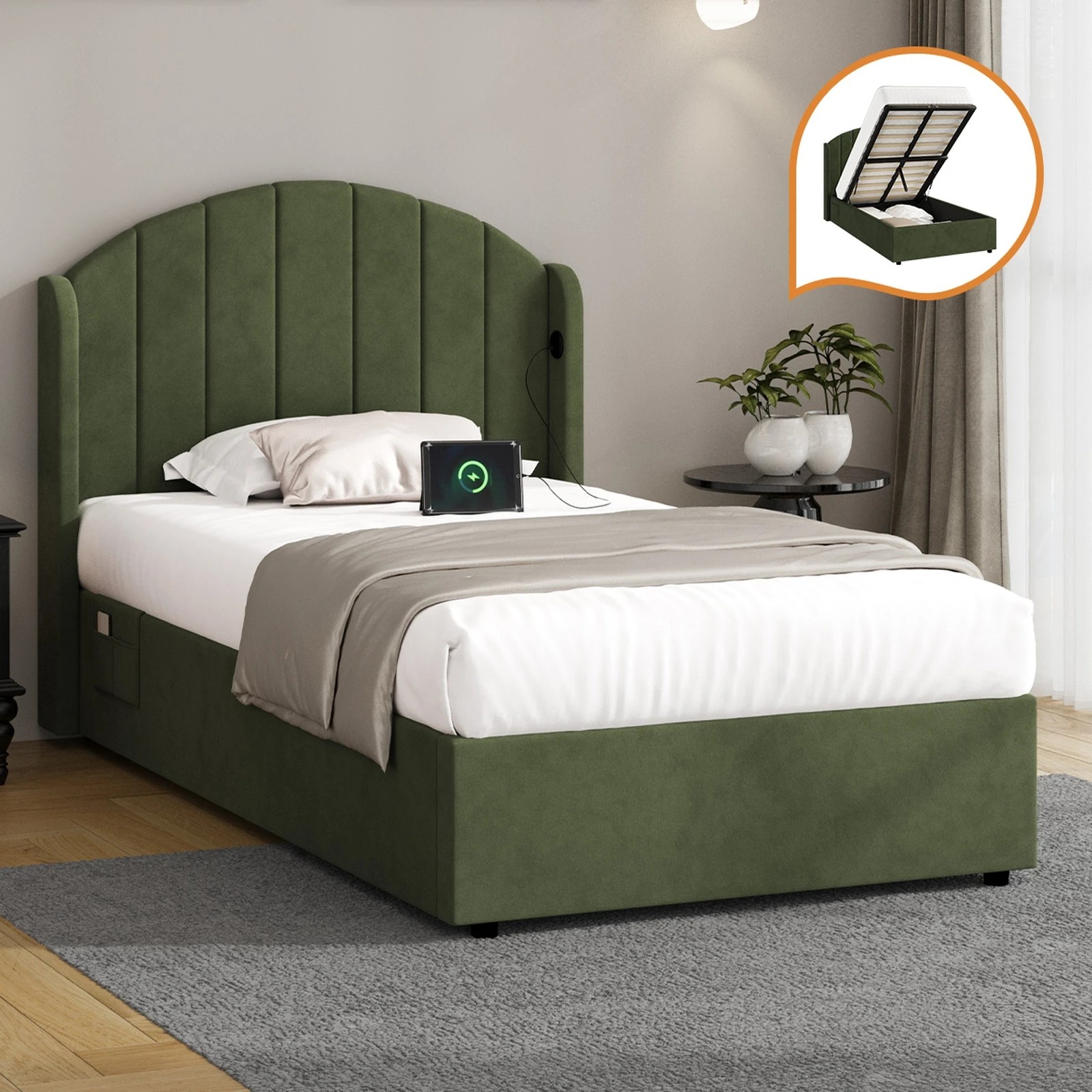 3 Oikiture Bed Frame King Single Size With Gas Lift Storage USB Charging Velvet - Green, 3 of 8