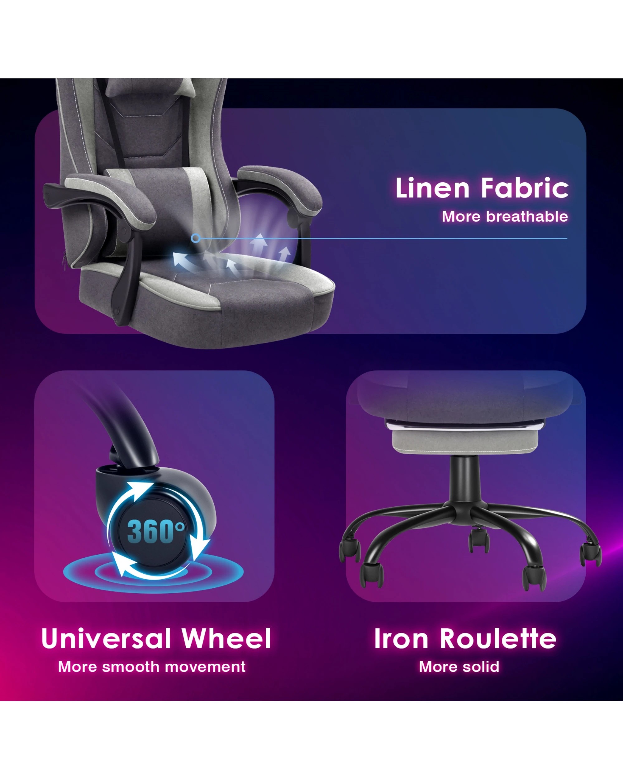 2 Advwin Gaming Chair With Footrest Linen Fabric Ergonomic - Grey, 2 of 3